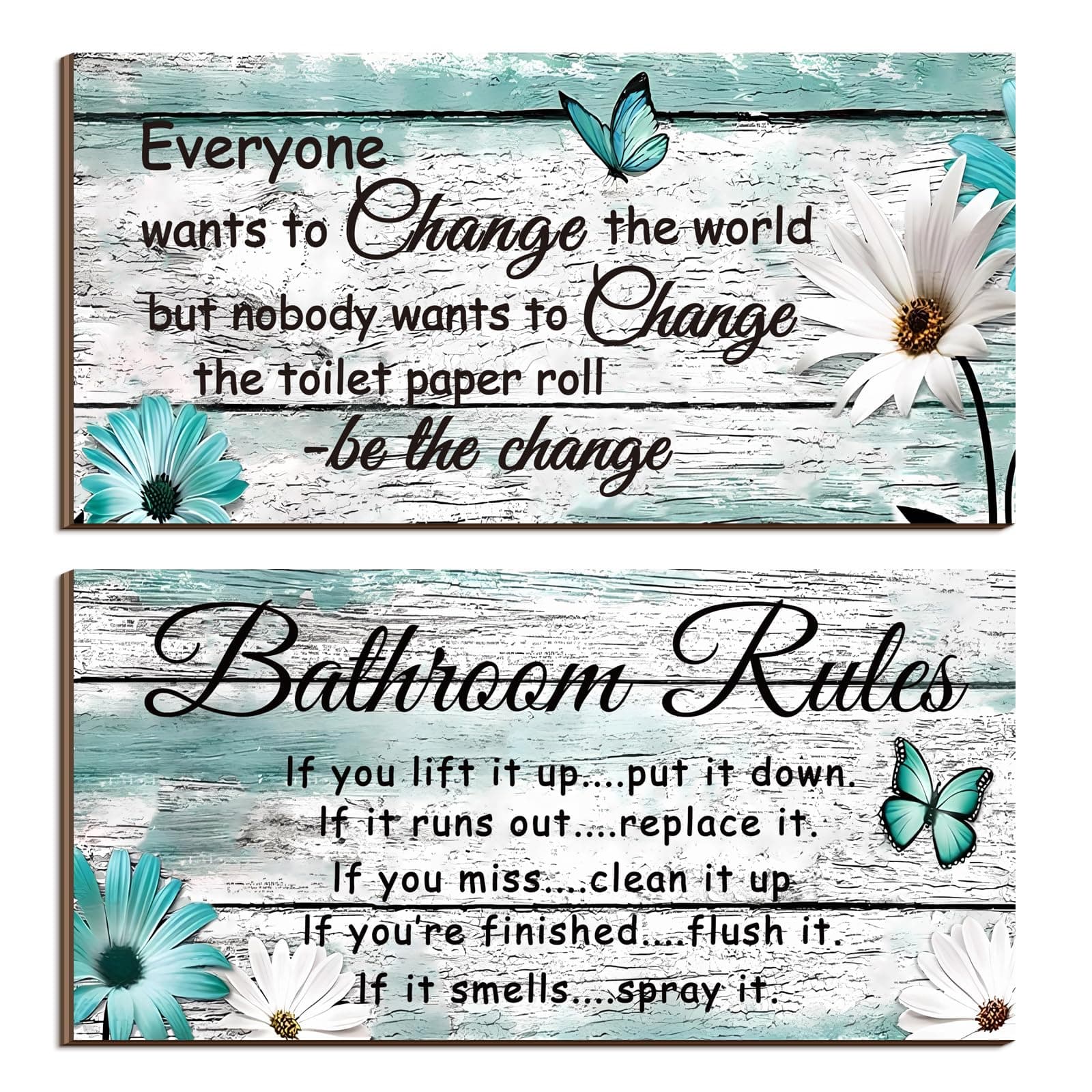 Jetec 2 Pieces Funny Bathroom Signs Bathroom Wall Decor Toilet Wall Accessories Farmhouse Toilet Rustic Wooden Signs, 12x6 Inch(Butterfly Style)