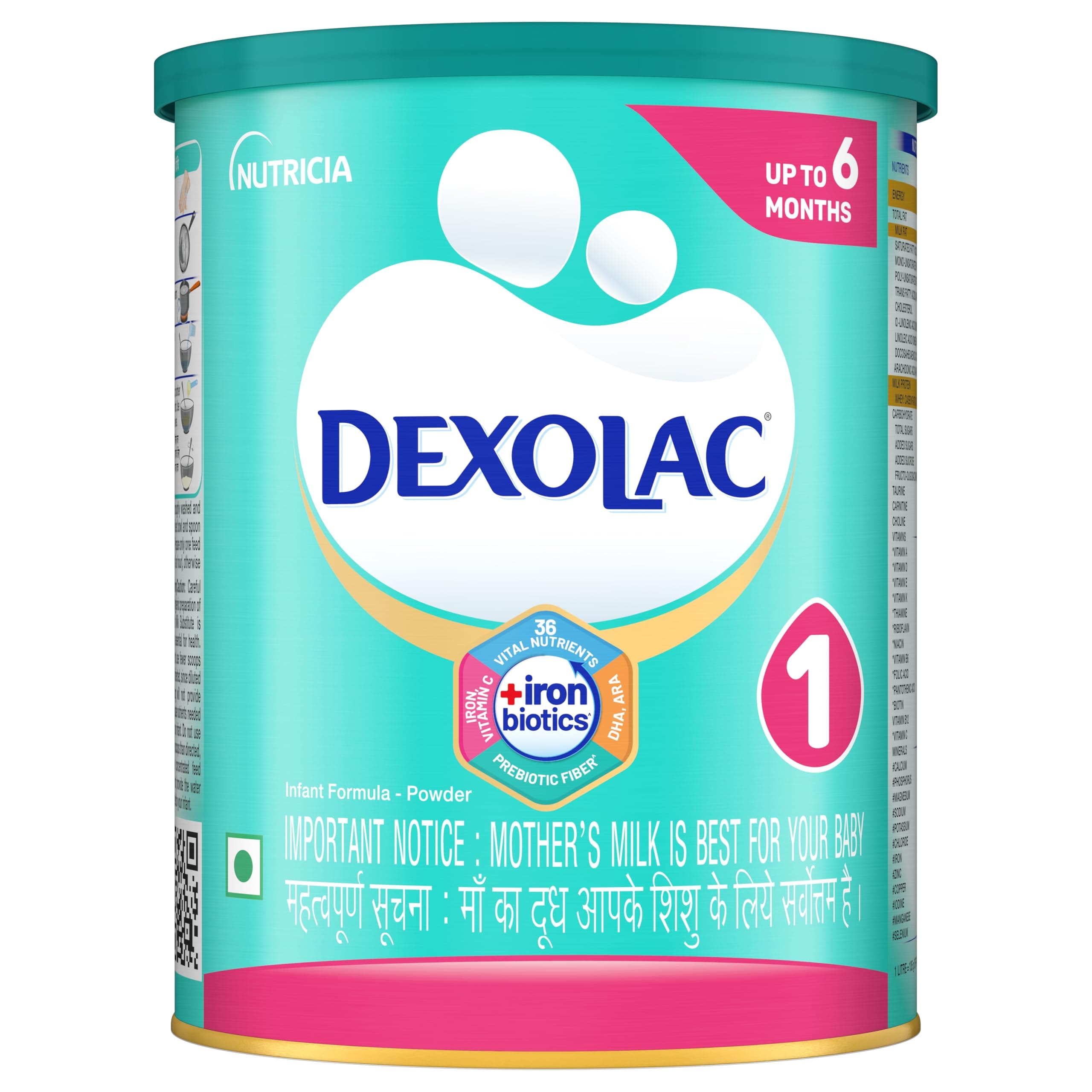 Dexolac Stage 1 Infant Milk Formula Babies - (0-6 months) - with Iron Biotics, DHA & other Vital nutrients - 400 g - Tin Pack