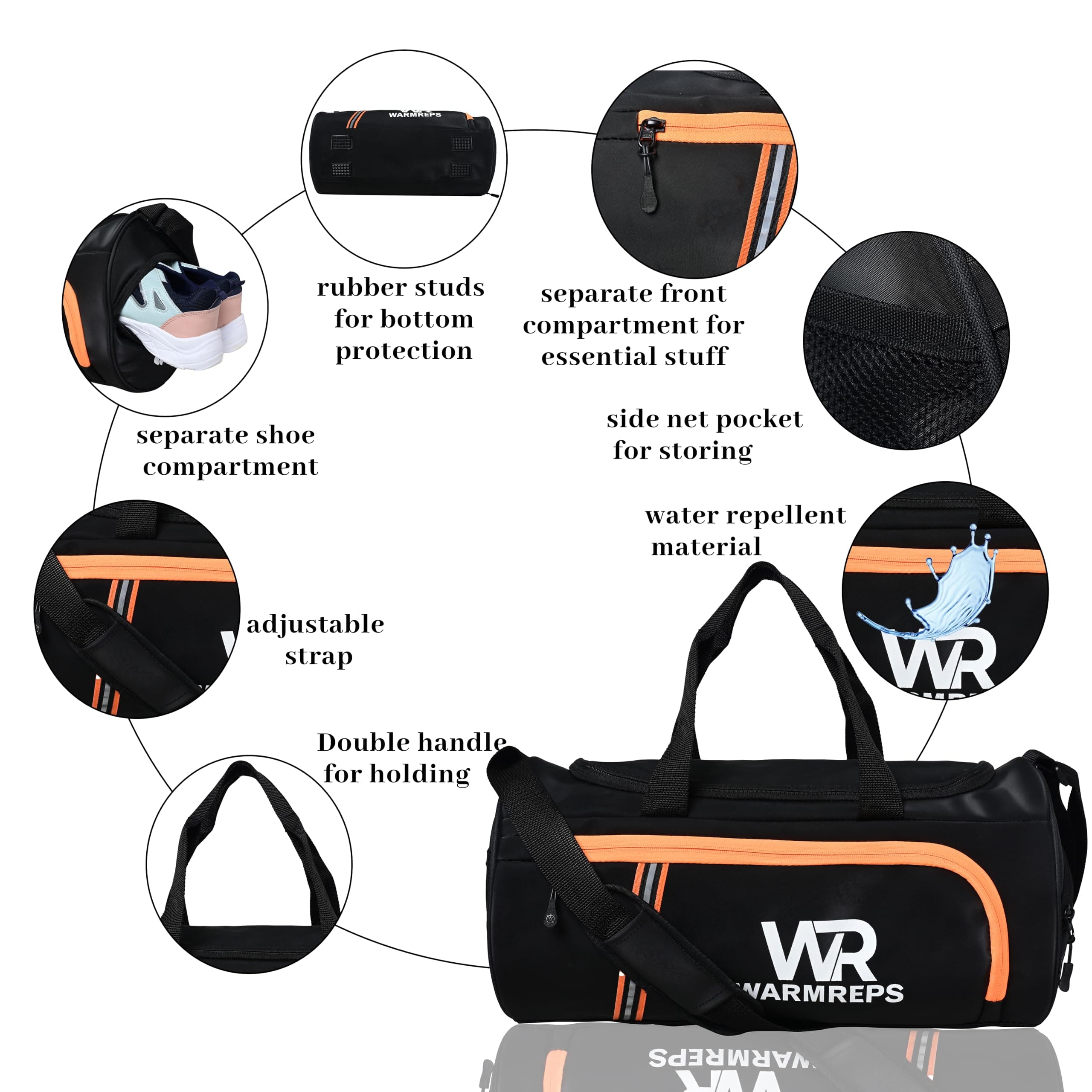 WARMREPS Gym Bag Water-Resistant with Side Net Pocket and Extra Front Compartment for Men & Women