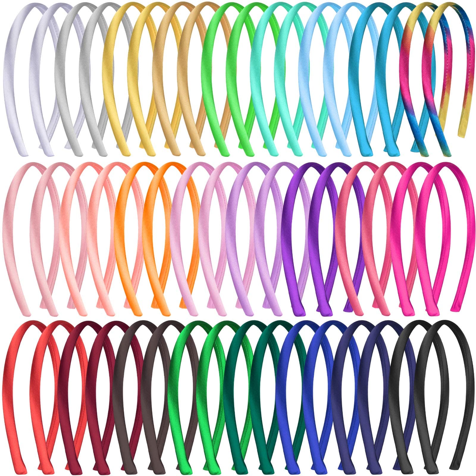 Duufin 50 Pieces Satin Headbands 1 Centimeter DIY Headband Colorful Satin Coverd Headband Girls and Women, 25 Colors