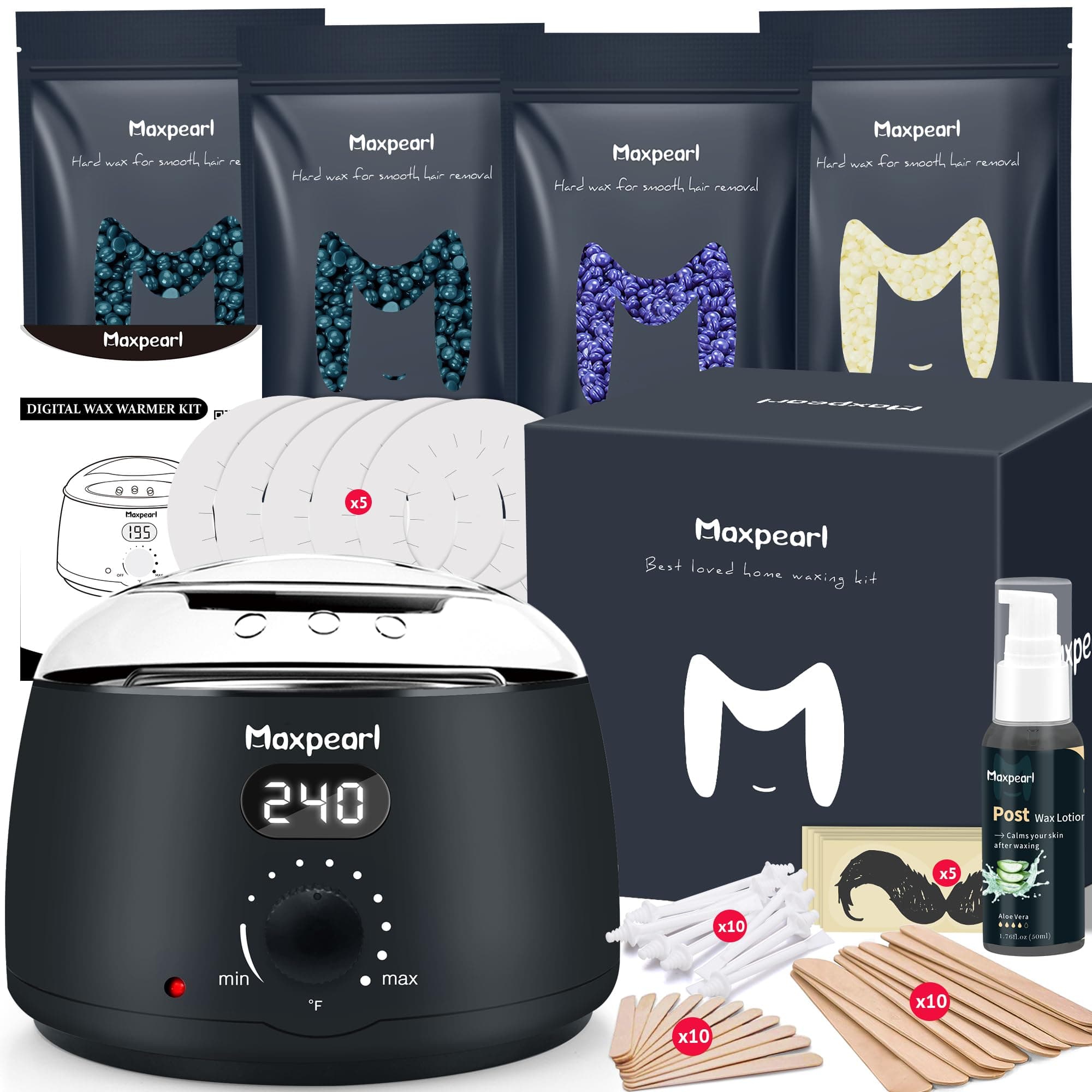 Maxpearl Waxing Kit with Hard Wax Beads, Hair Removal Wax Warmer Kit for Fine and Coarse Hair, Eyebrows, Facial, Underarms, Brazilian Bikini, Legs, Digital Display with 20 Application Sticks