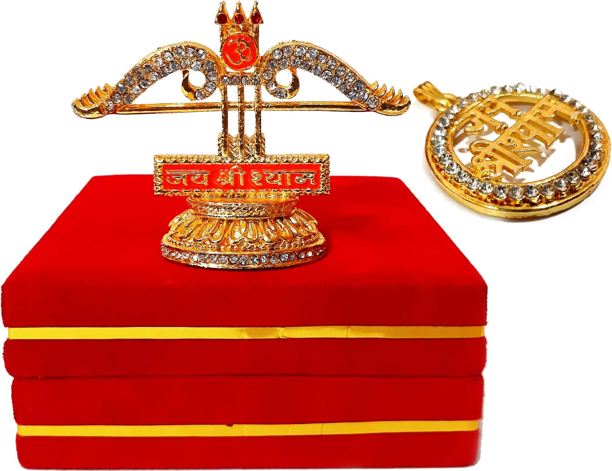 Shri Ram Creations Khatu Shyam Teen Baan Metal Idol with Complementary pendent ( Golden , 3x3 inch )