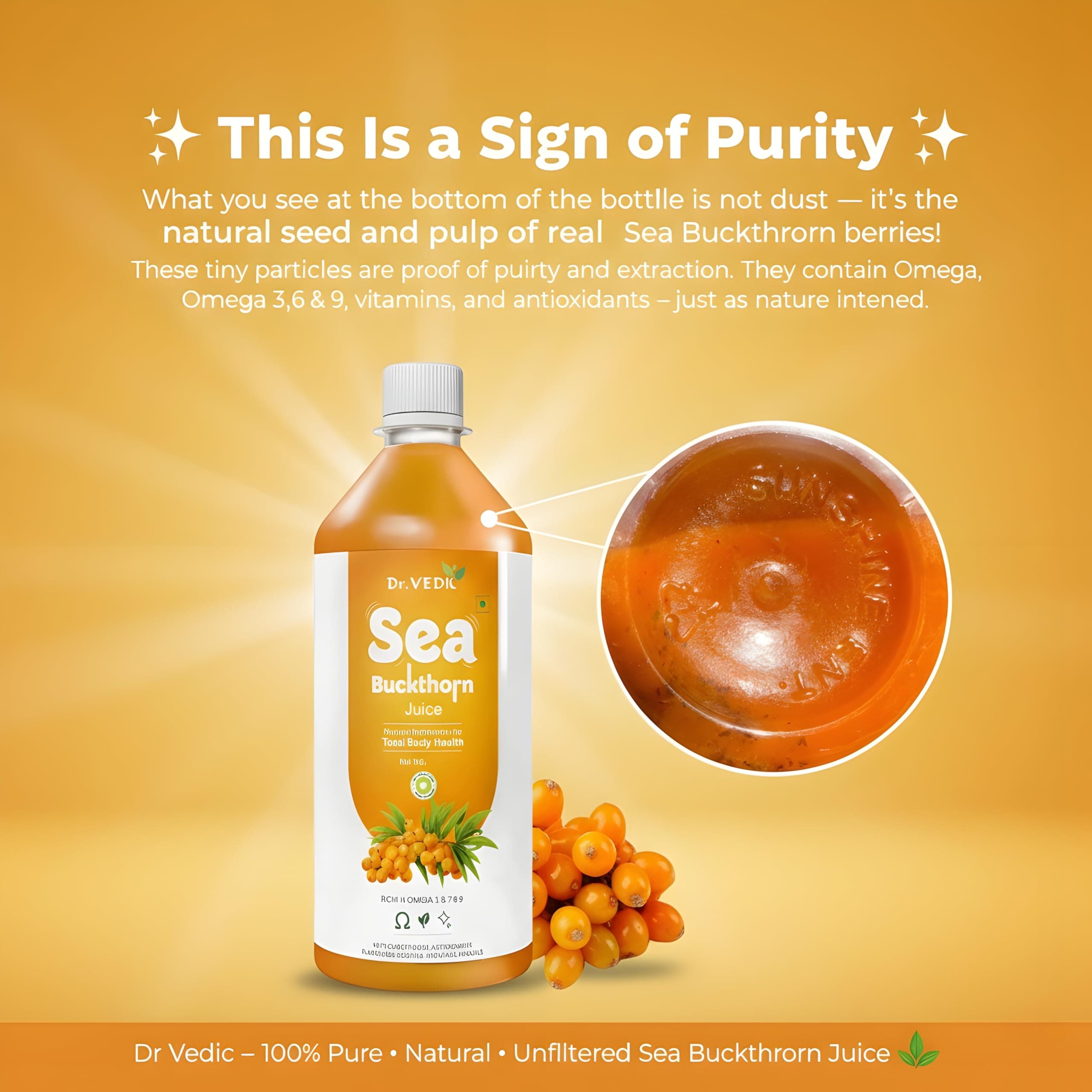 Dr Vedic Himalayan Sea Buckthorn Juice 500ml | Cold-Pressed Pulp Concentrate | Rich in Natural Vitamin C, Omega 3-6-7-9 & Antioxidants | Supports Immunity, Skin Radiance & Gut Health | Herbal Superfruit Supplement