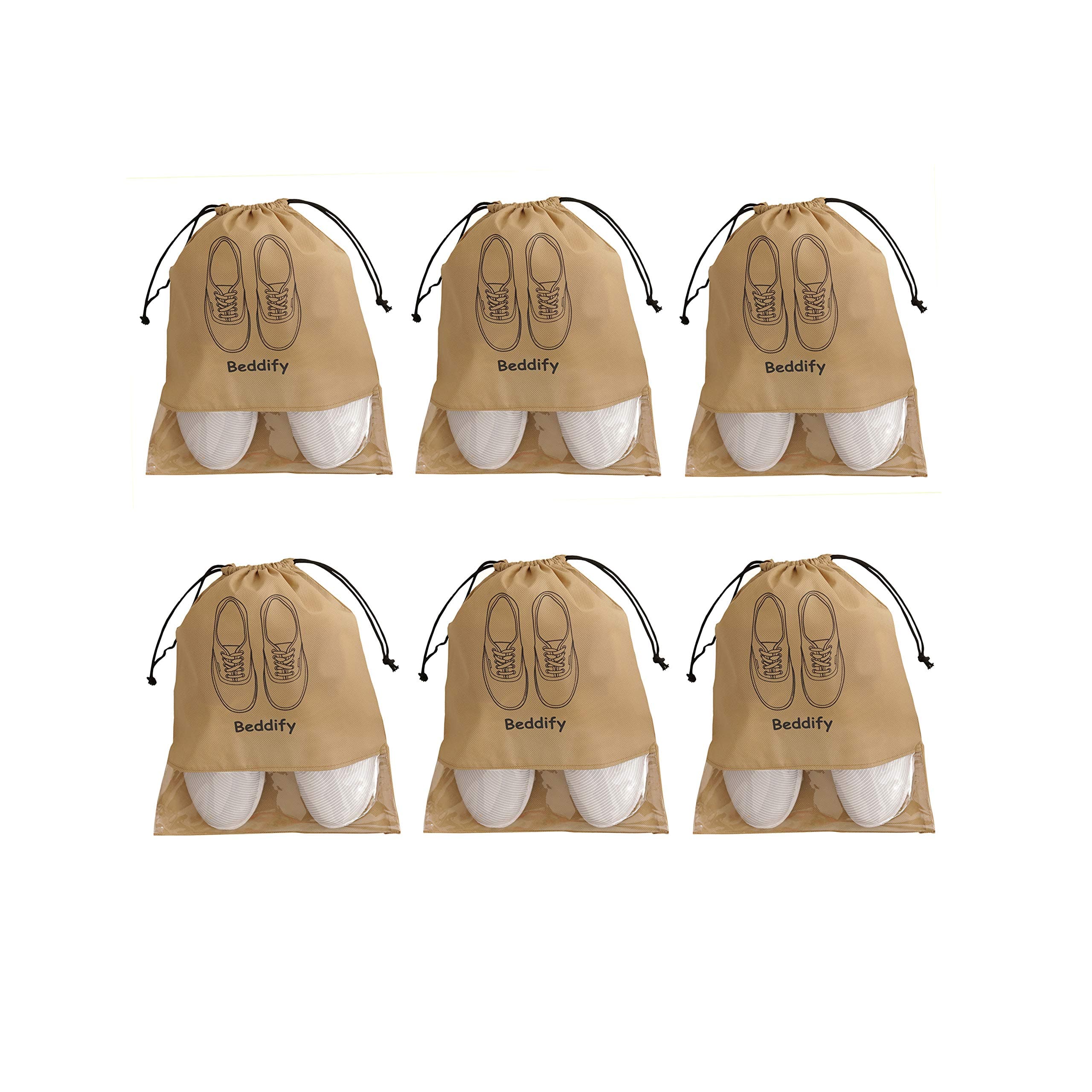 Beddify Pack of 6 Shoe Bags for Storage & Travel - Travel Organizer for Women & Men - Shoe Pouches & Covers (Beige)