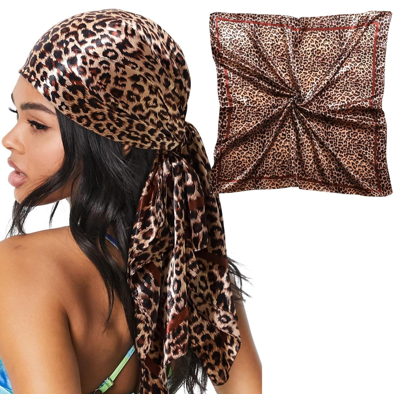 Flavizo Leopard Print Satin Square Scarf for Women, Stylish Large Silk Scarves, Lightweight Bandanas for Women, Brown Head Scarf | Fashion Neck Wrap
