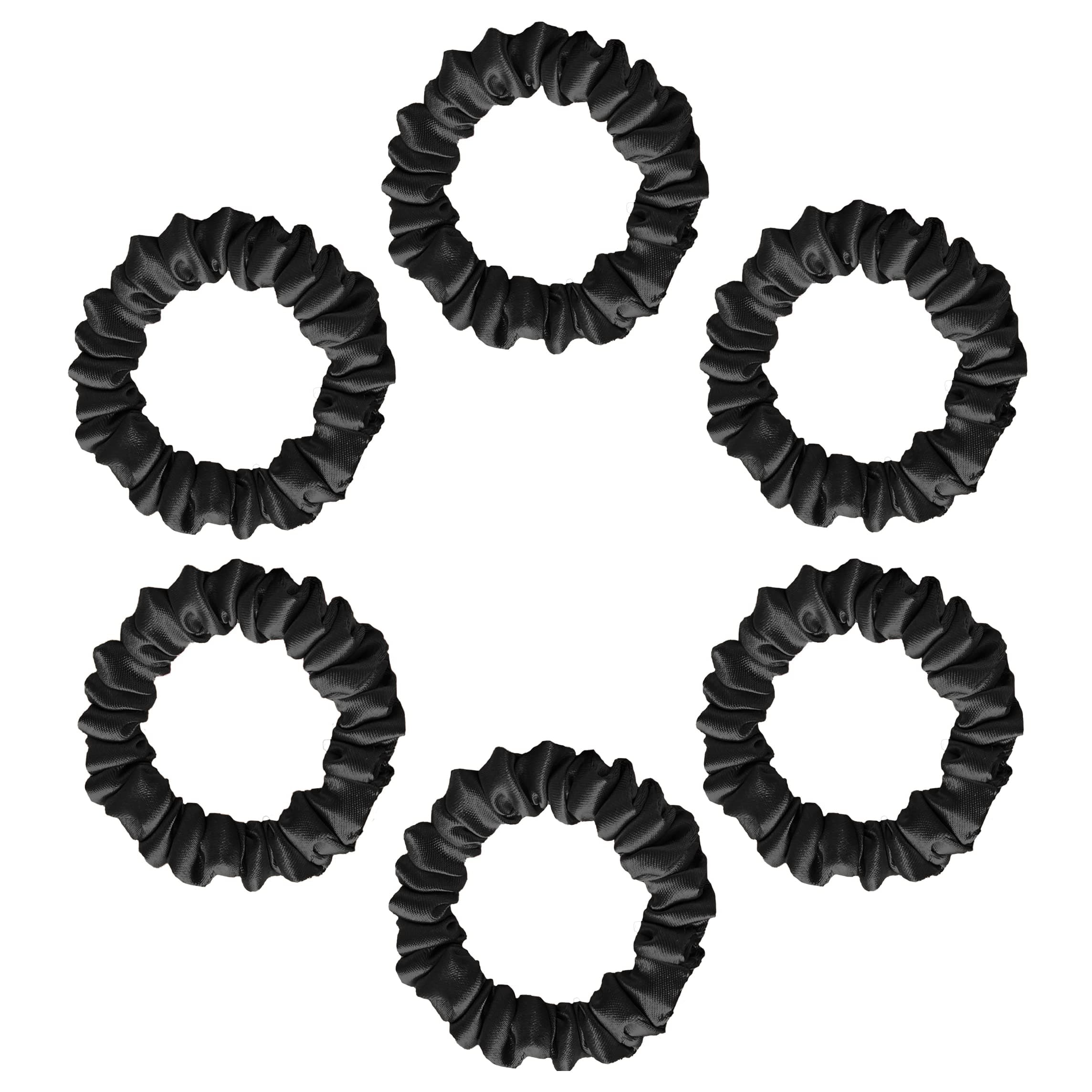 SILVR BEAR Luxury Black Skinny Satin Scrunchies for Women | Pack of 6 | Anti-Hair-Breakage, Stylish Scrunchy for Girls, Women, Hair Ties | Best gift for Sister, Friend, Mom | Black Color (Skinny)