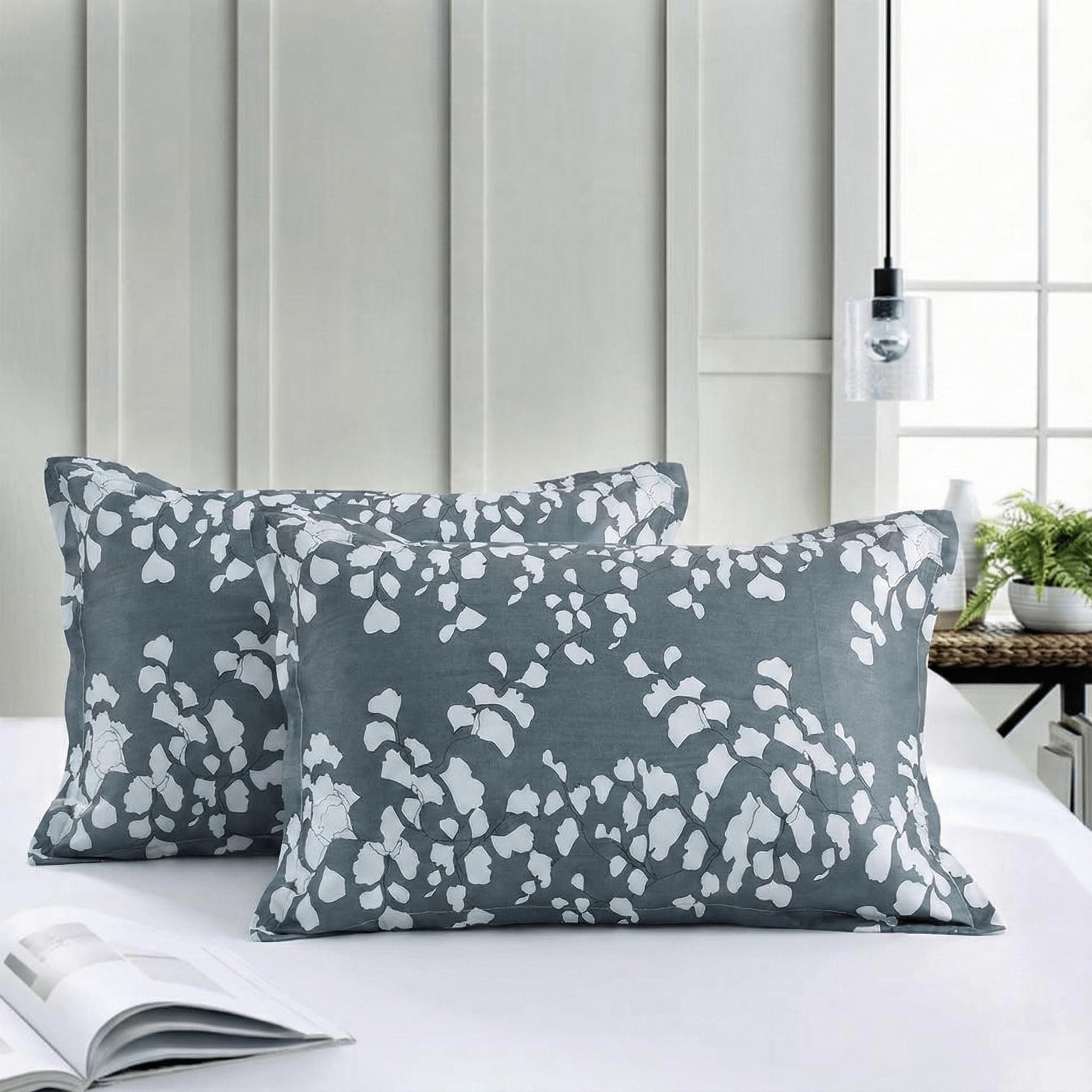Trance Home Linen 200 TC 100% Cotton Printed Pillow Covers | Pillow Cases | Set of 2 Piece Pillow Covers only |Standard Size (18 X 28 inch, Ginkgo Leaves Grey White)