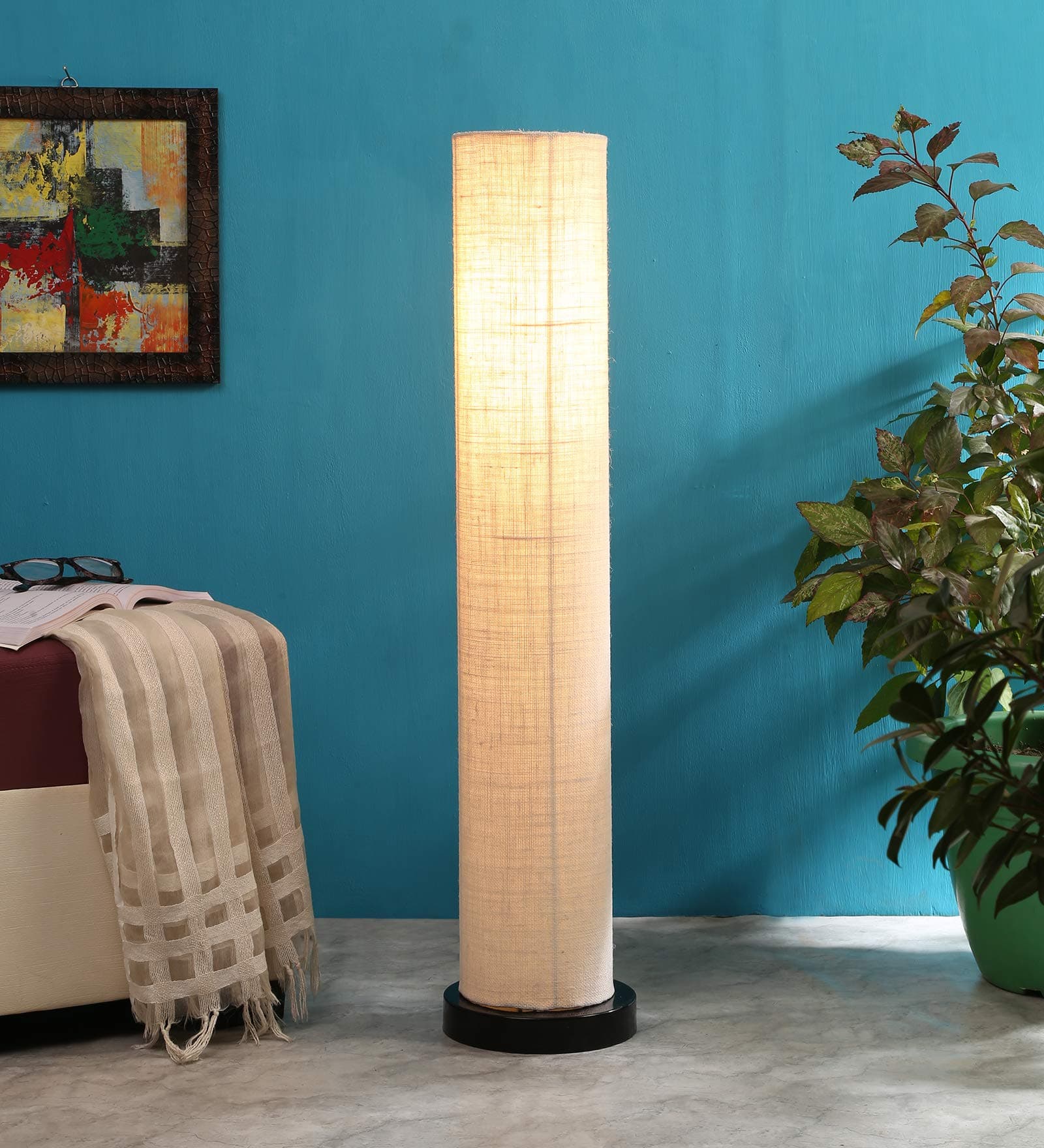 AMDHOME Jute Shade LED Round Shape Floor Lamp, Standing Modern Iron Finish Base (33 Inch, Color-White) - For Bedside & Living Room, Bedroom | Home Decor, Hotel, Office Decoration | Perfect for Gifting