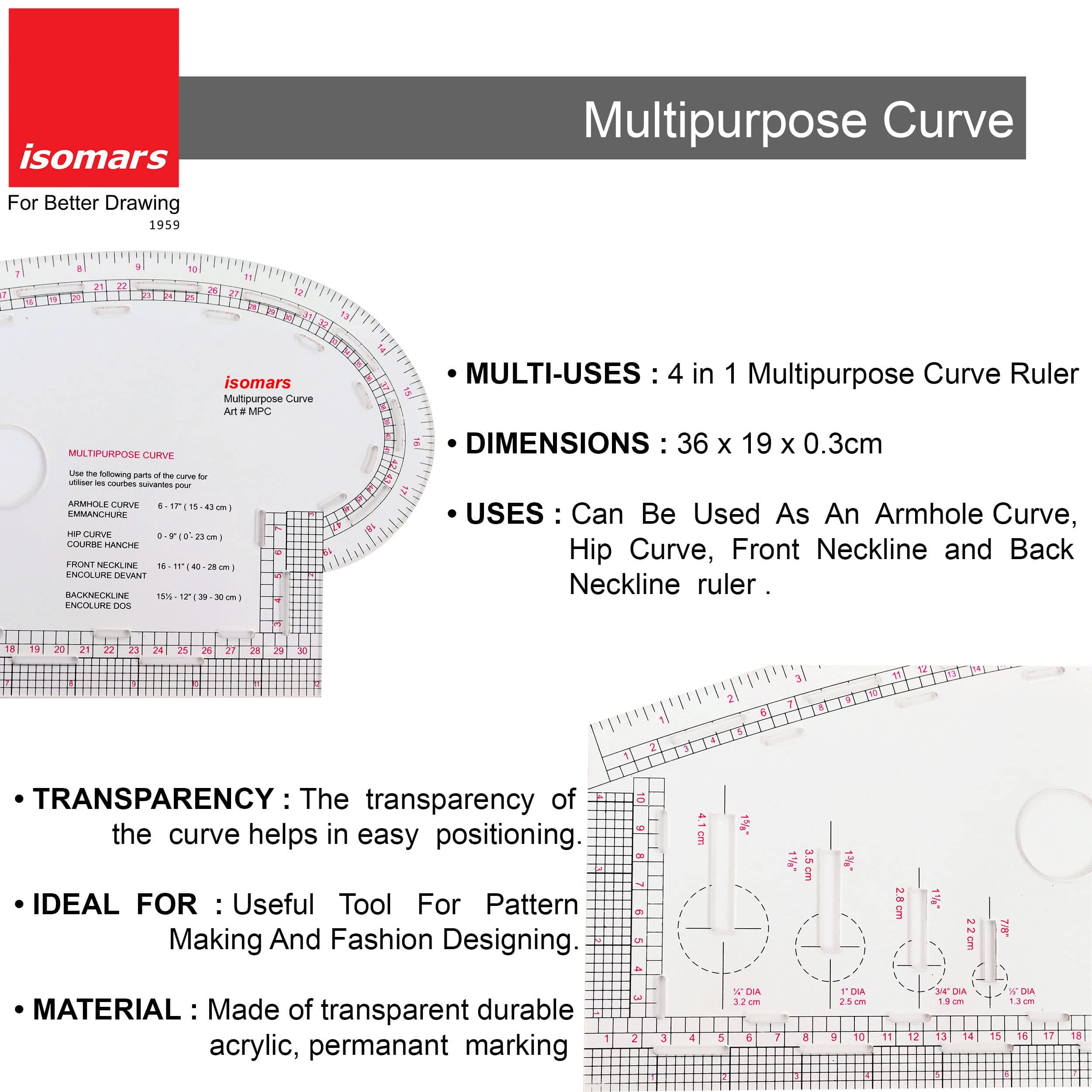 Isomars Multipurpose Curve | Quilting Ruler for Fashion Designing