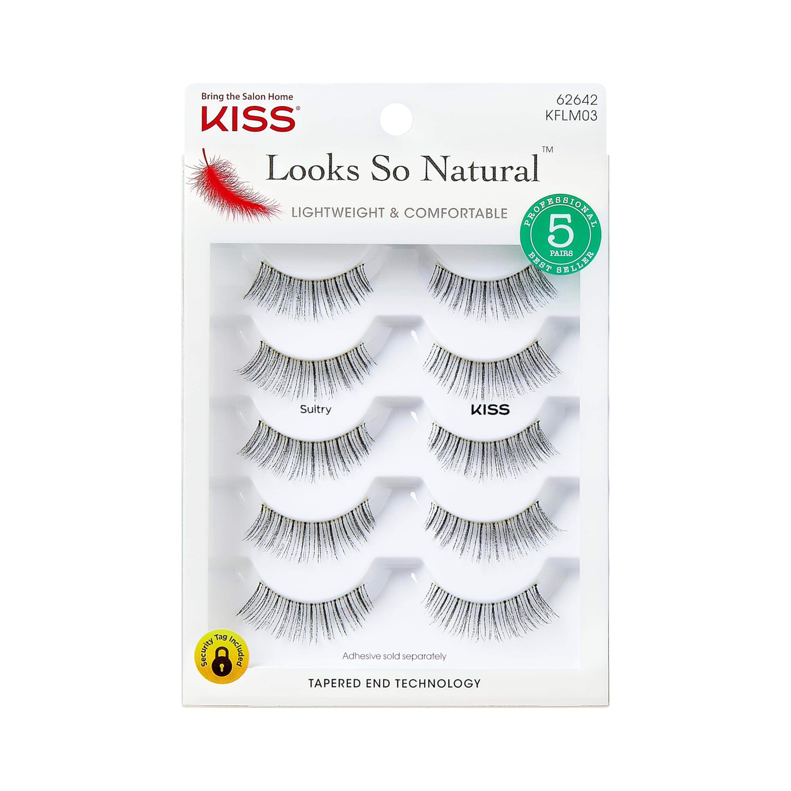 KISS Looks So Natural False Eyelashes Multipack, Lightweight & Comfortable, Natural-Looking, Tapered End Technology, Reusable, Cruelty-Free, Contact Lens Friendly, Style Sultry, 5 Pairs