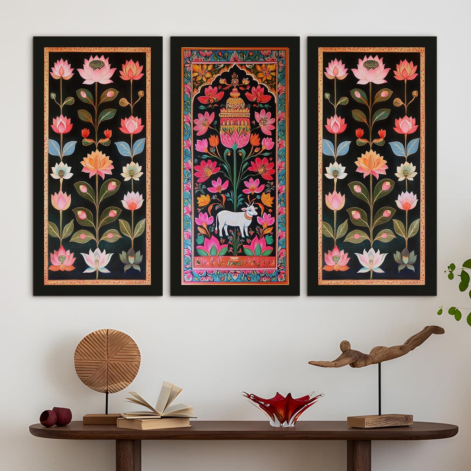 PAPER PLANE DESIGN Pichwai paintings for living room. Set of 3 canvas wrapped framed madhubani art for wall decor. 12 x 24 inch x 3 frames.