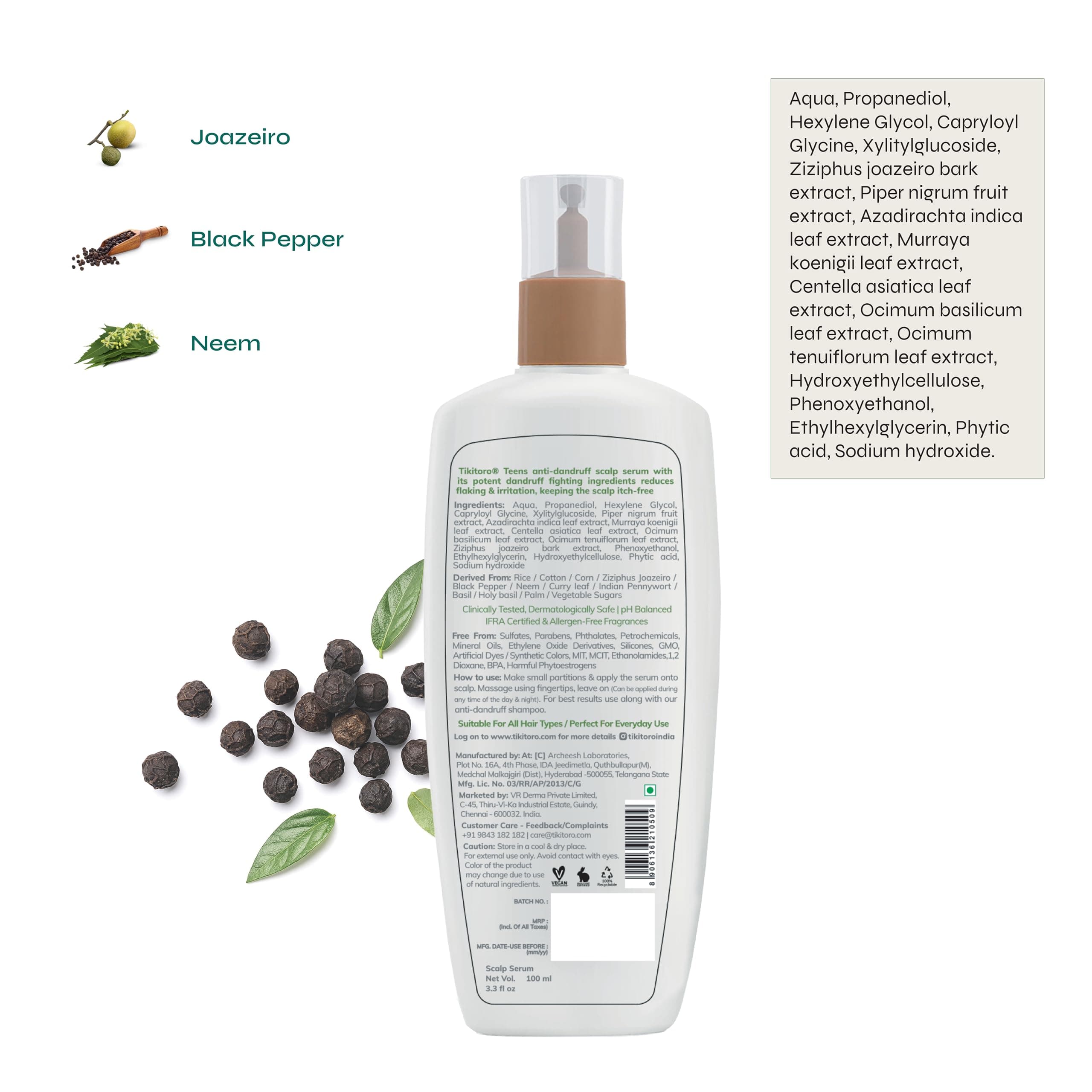 Tikitoro Teens Anti-Dandruff Scalp Serum with Joazeiro, Black Pepper, and Neem Promotes Good Microbes, Fights Dandruff Causing Fungi, Reduces Flaking and Itching, All Skin Types (Age: 11+) (100ml x 1)
