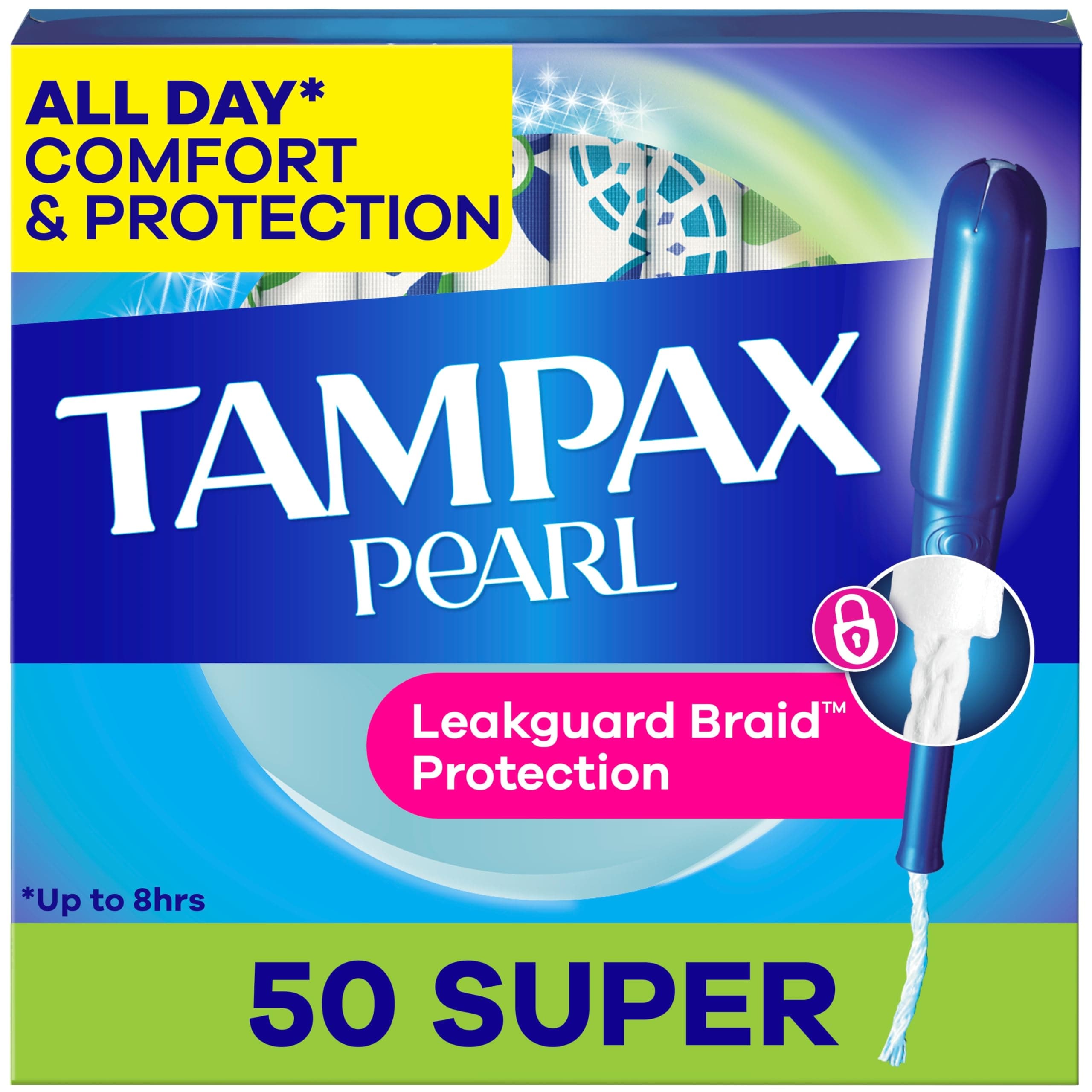 Tampax Pearl Plastic Unscented Tampons, Super Absorbency, 50 Count