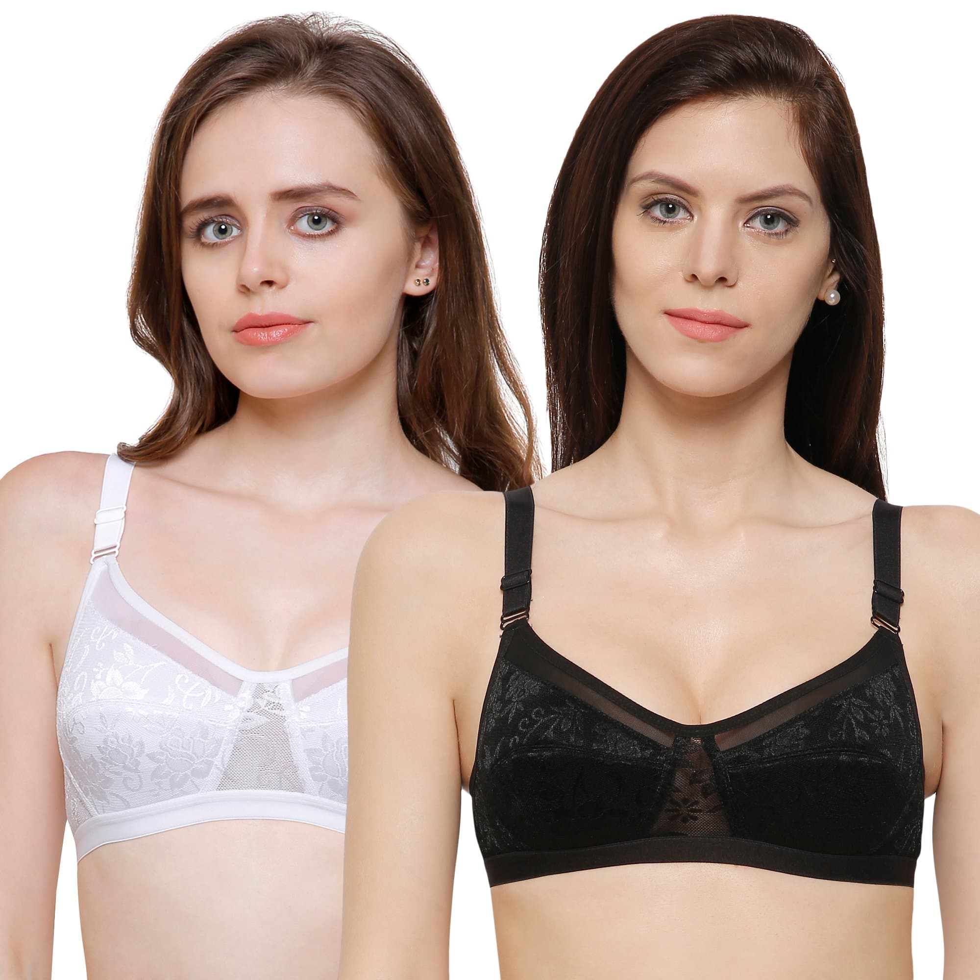INKURV Non-Padded Full Coverage Bra for Women with Cotton Blend Lining | Stylish and Stretchable Net Design | Fancy and Soft Bra for Women Daily use | Combo of 2 (Black_White_32B)