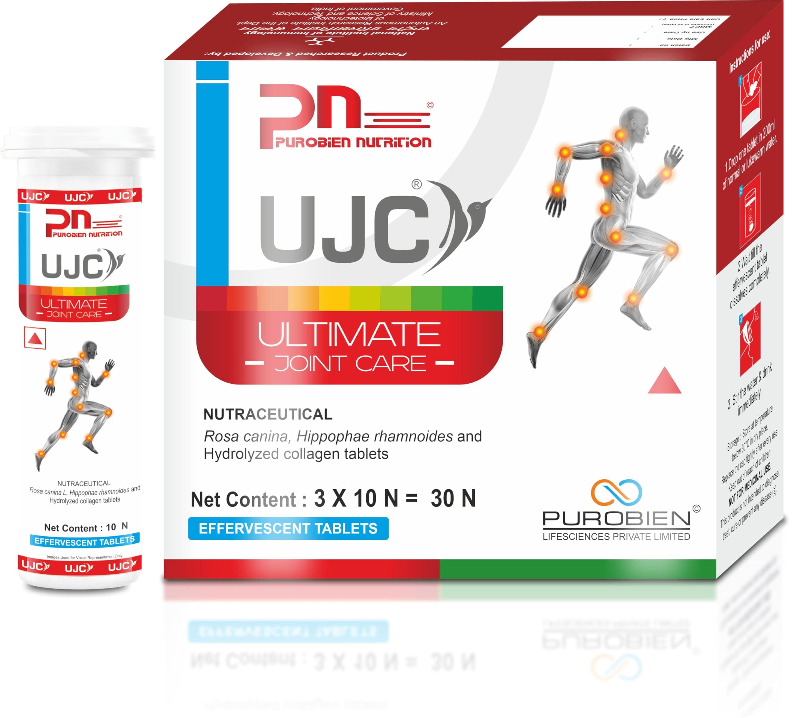 Purobien Nutrition UJC - Ultimate Joint Care for Joint Support | Boosts Bone Health & Relieves Joint Pain with Rosa Canina, Hippophae Rhamnoides & Hydrolyzed Collagen | 30 EVT Tablets for Men|Women