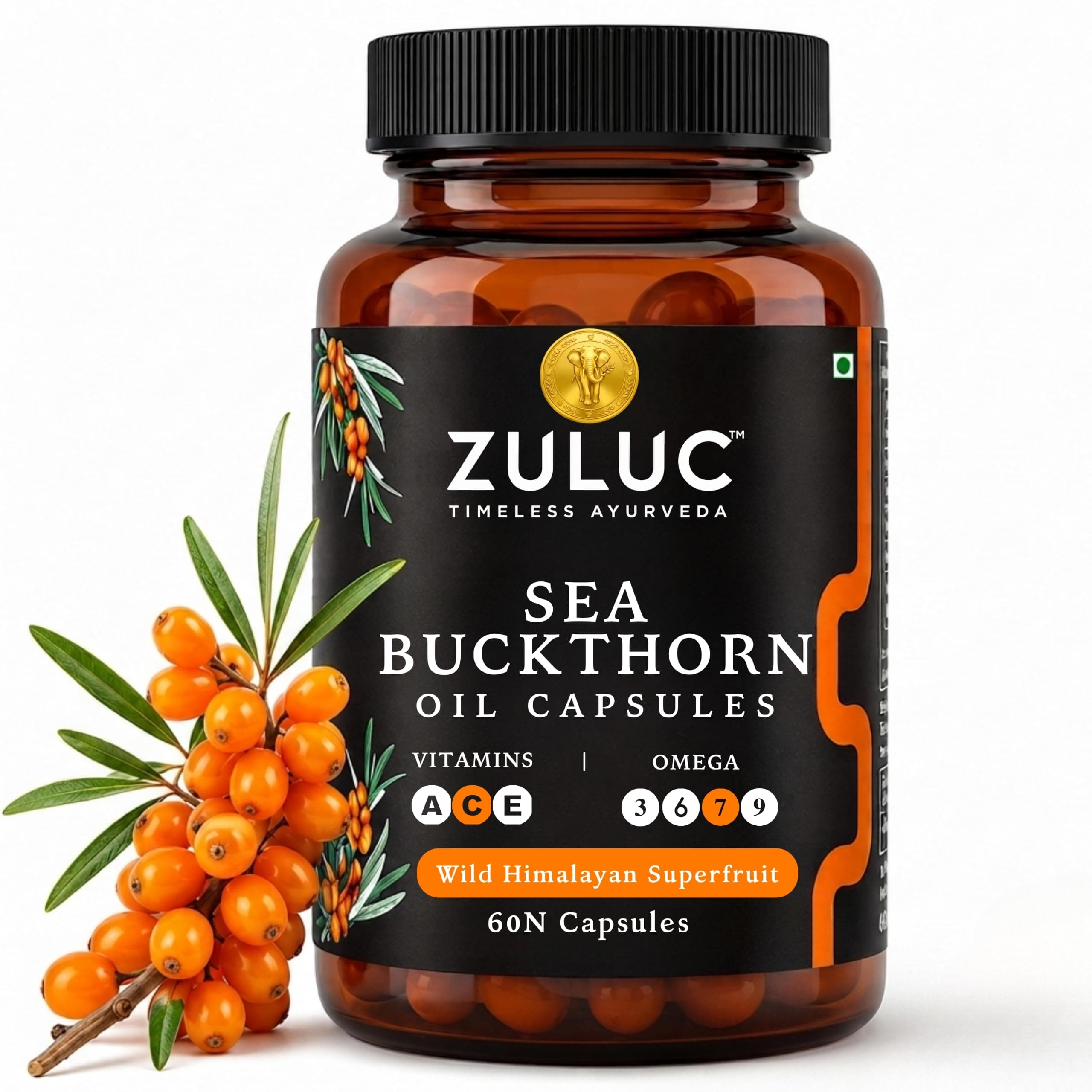 ZULUC Sea Buckthorn Oil Capsules with Omega 7 | Wild Himalayan Seabuckthorn Berry Extract | 60 Softgels | Supports Skin Glow, Anti-Ageing, Hair & Immunity | Omega 3 6 7 9 Cold Pressed