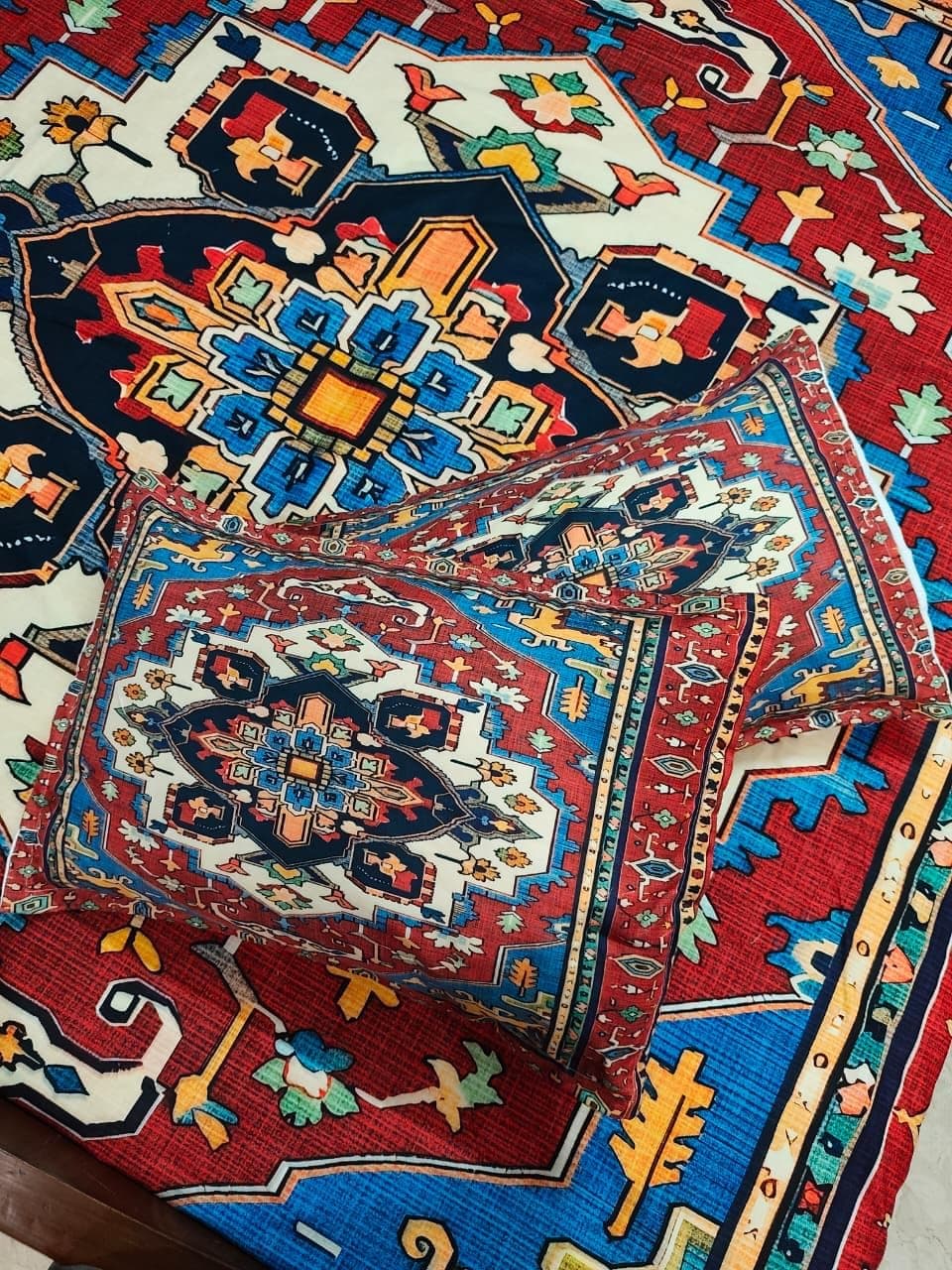 Cotton Bolls Textiles Glace Cotton King Size Bedsheet with 2 Pillow Covers – Traditional Ethnic Multicolor Print, Breathable & Comfortable