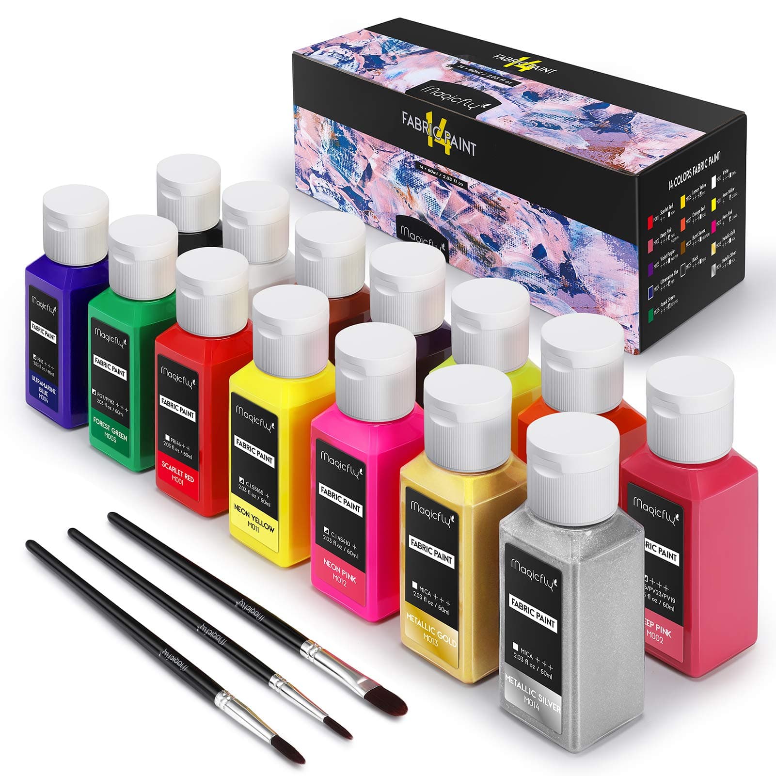 Magicfly Permanent Fabric Textile Paints with 3 Brushes Set for Canvas, T-Shirt, Jeans, Bags, Wood, Paper, All DIY Projects Set of 14 (60ml Each, multicolored)