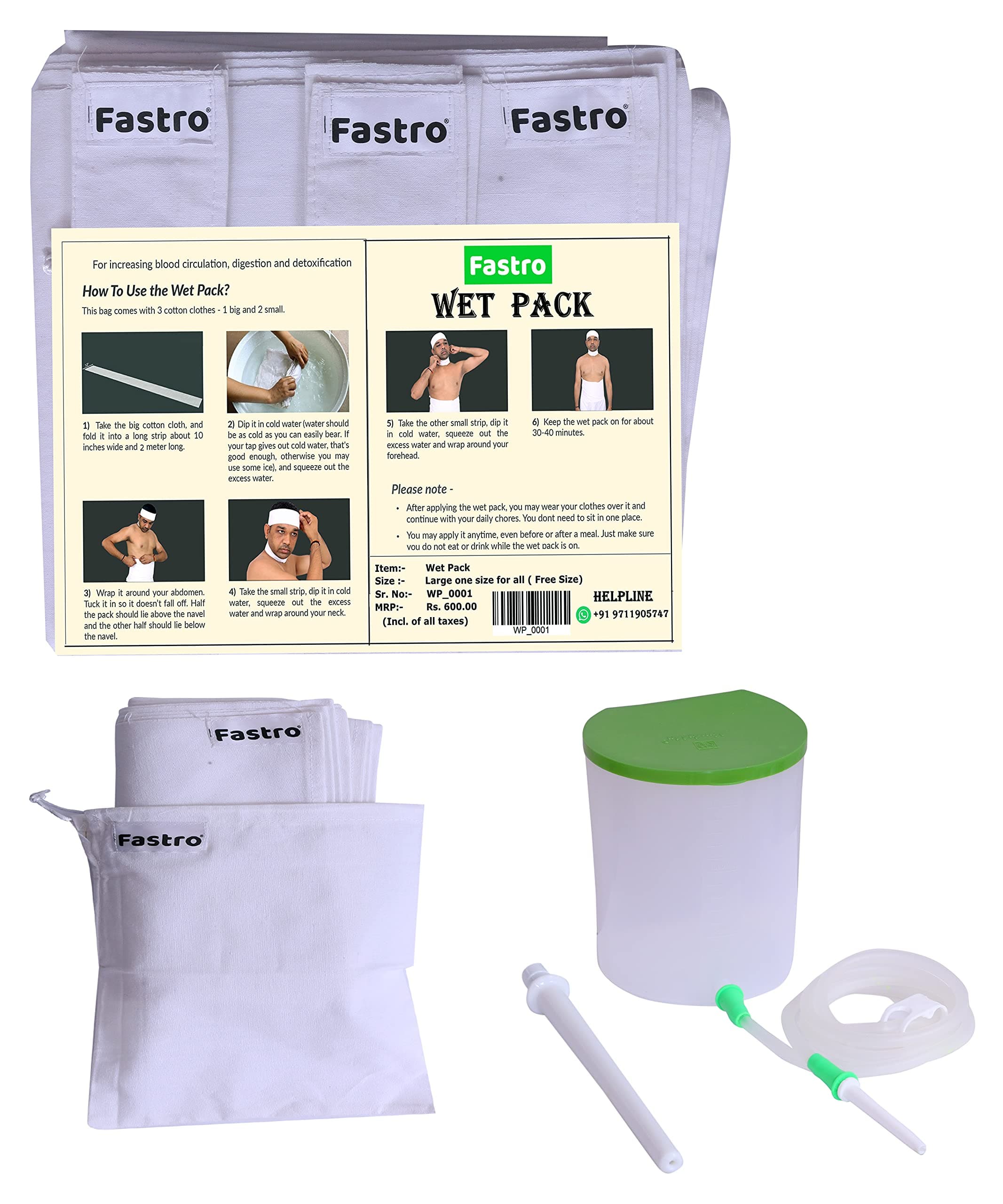 Fastro 1500 ML Wet Pack Cotton Patti Satvik Movement & Anema Kit - 1 Strip for Stomach, 2 Strips for Neck & Head, 1 Anima Pot Kit, 1 Silicon Pipe, 2 Nozzles & 1 Pinch Clamp with User Manual