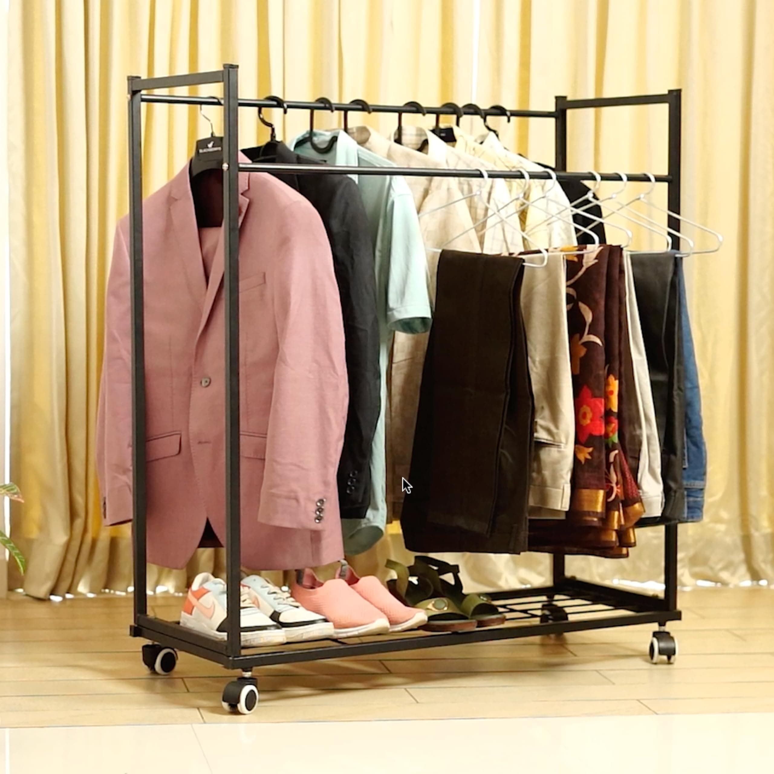 D&V Engineering Heavy Duty Cloth Hanger Rack With Wheel,Garment Rack,Drying Rack For Hanging Cloths For Home With Shelf(Black)(Iron),38x102x112 CM