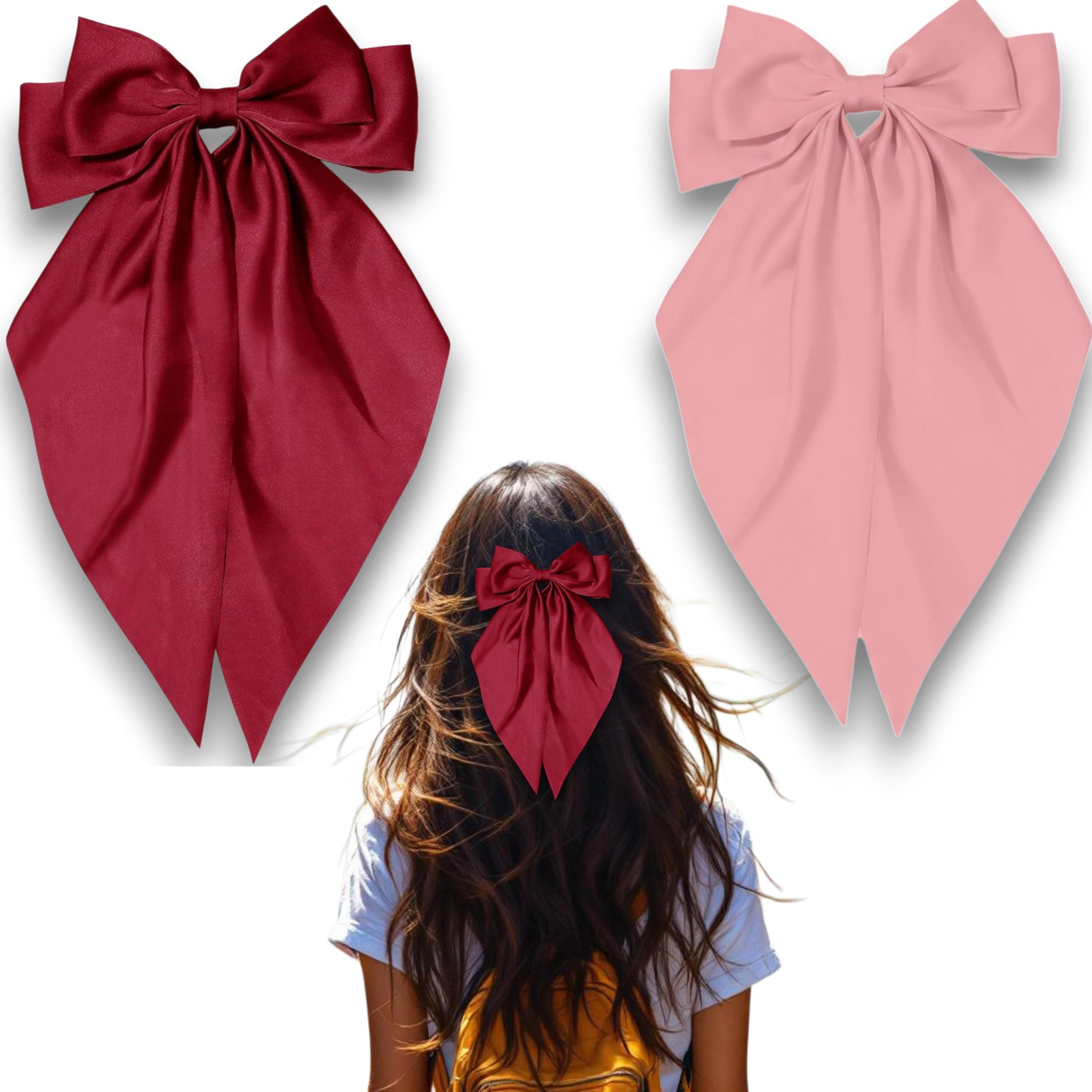 TEMPERIA (2pcs) Bow Hair Clips for Women & Girls | Silk Satin Stylish Ties Ribbon Band Bows for Wedding & Party Hairstyles | Strong Grip, Lightweight | Red & Pink