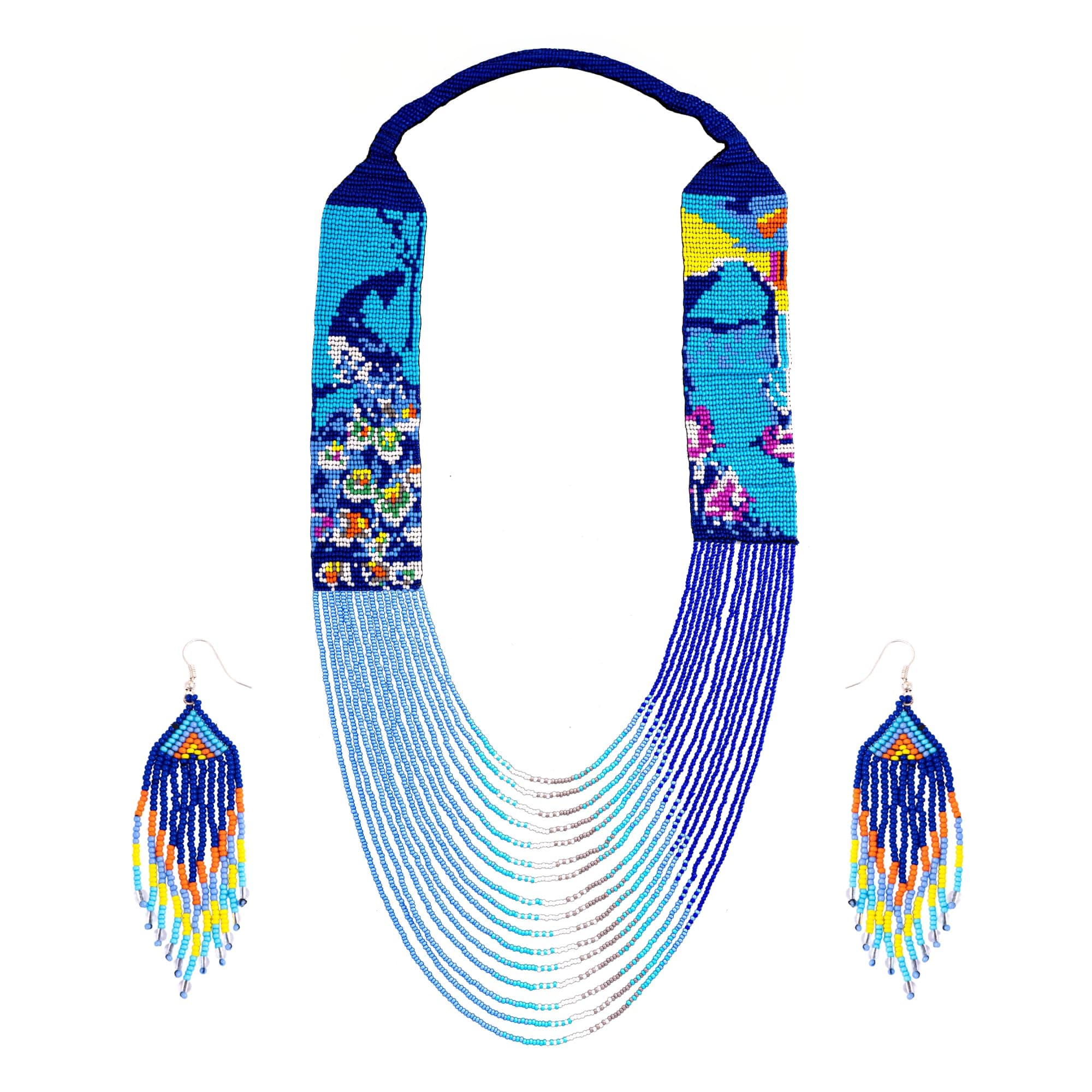 Chandair Ukrainian Handmade Seed Bead Long Necklace Earrings Set – Blue Winter Robin Sparrow Beaded Jewellery for Women Saree Kurti Ethnic