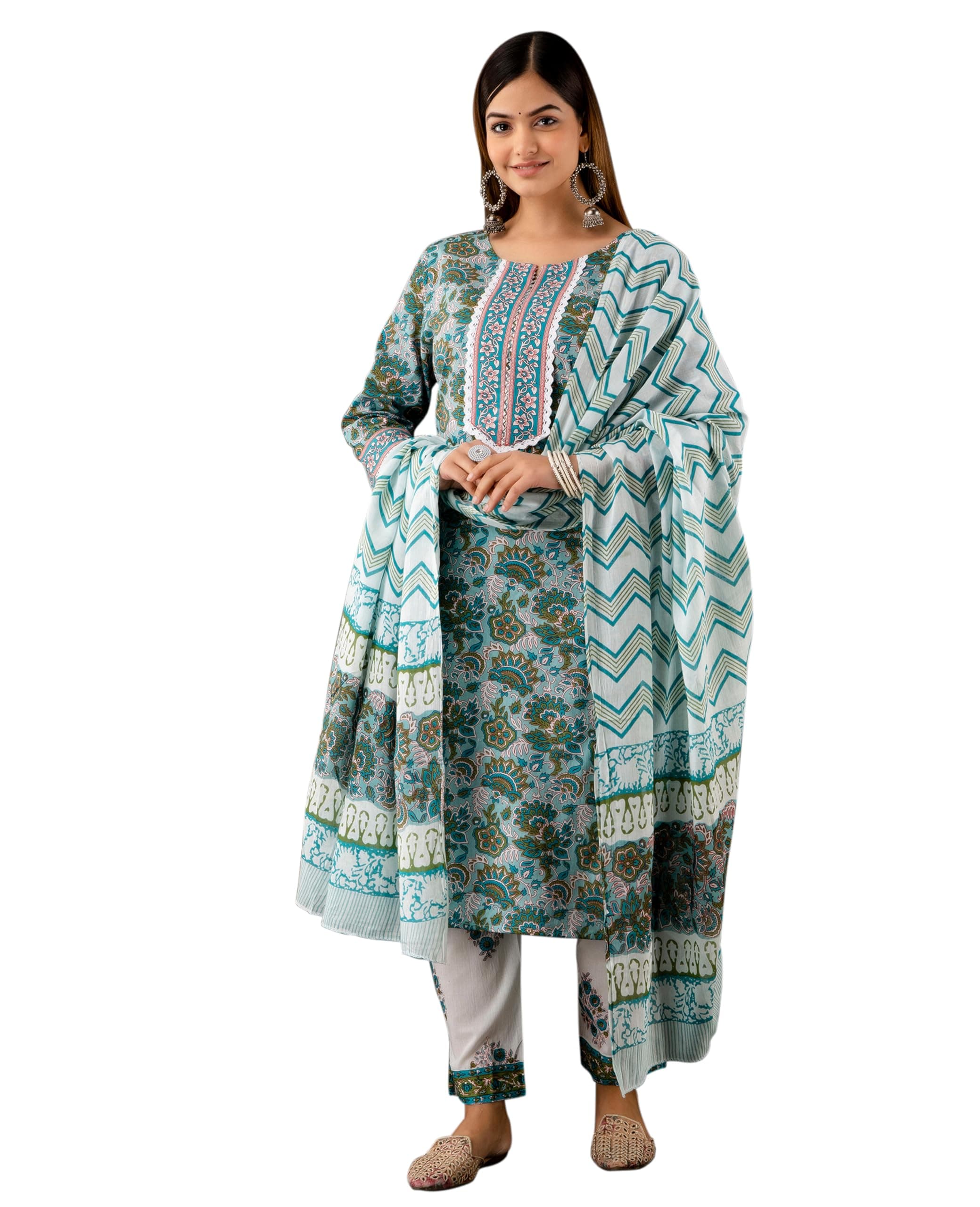 ROBOLOX Women's Cotton Printed Floral Straight Kurta with Pants and Dupatta