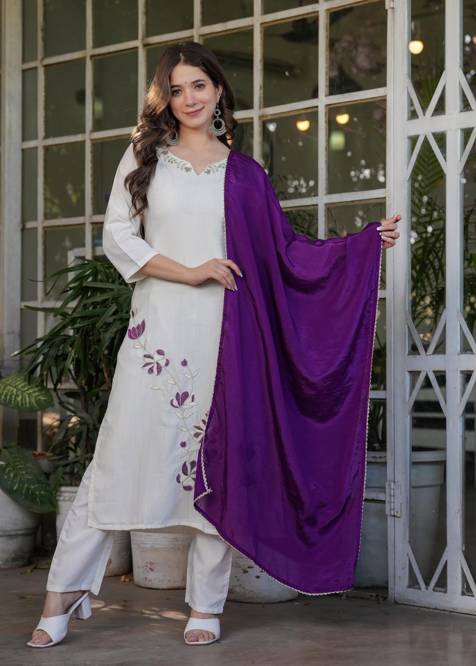 Yashika Women Viscose Rayon Thread Work Straight Kurta, Pant and Dupatta Set | Kurta Set for Women