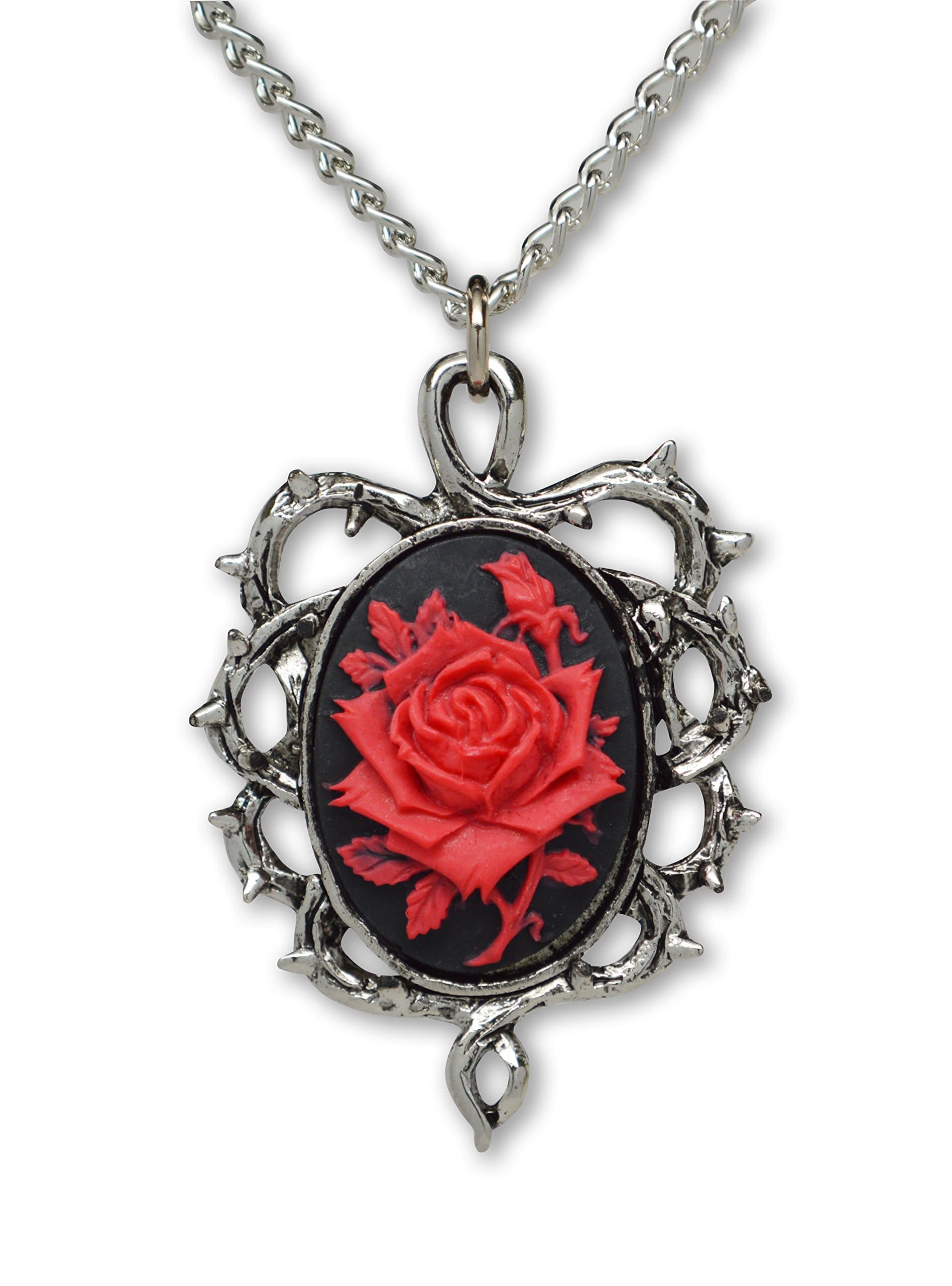 Gothic Red Rose Cameo in Thorns Pendant Necklace