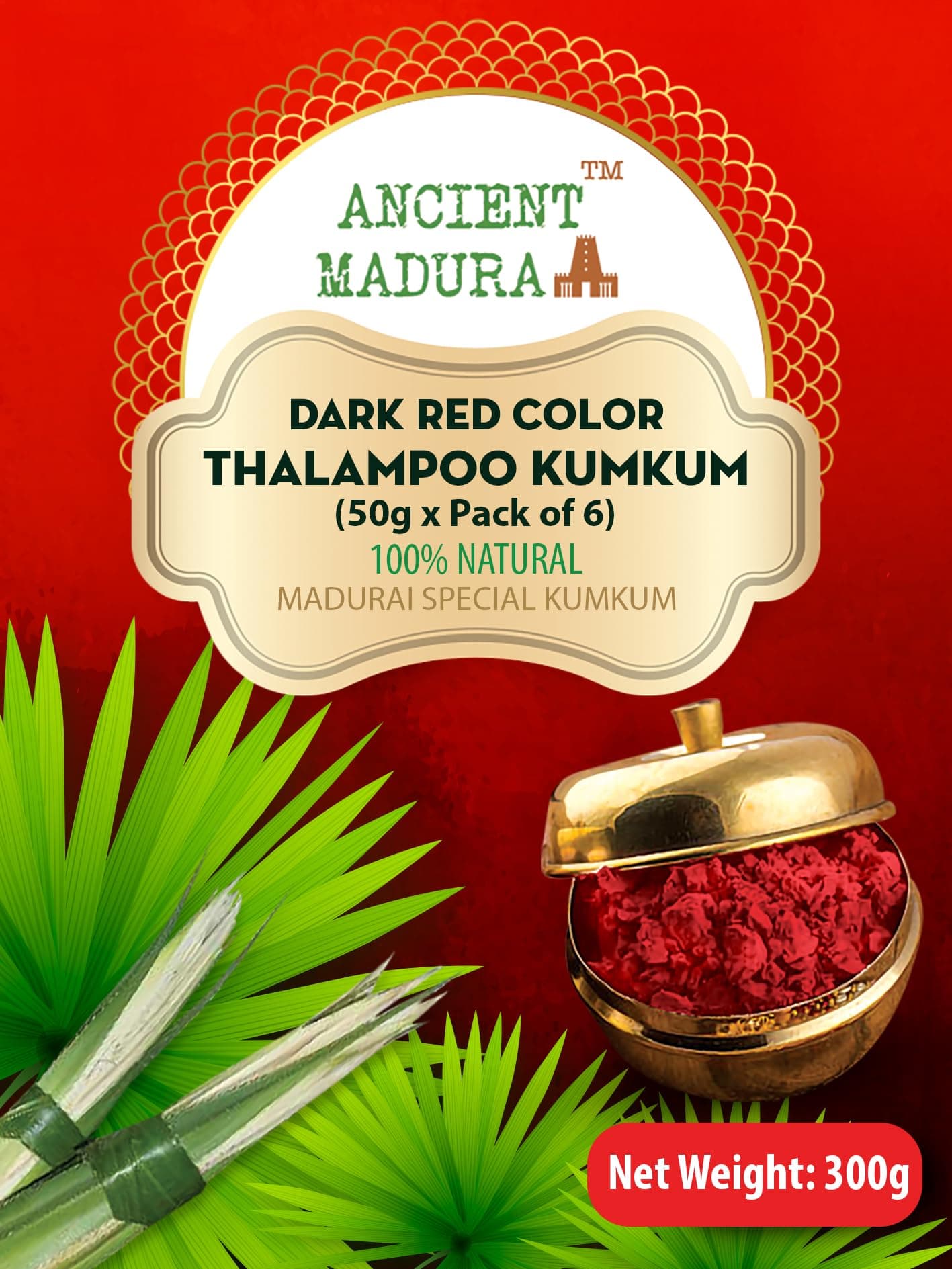 ANCIENT MADURAI | Madurai Special Thalampoo Kumkum Powder - (Dark Red, 50g, Pack of 6)