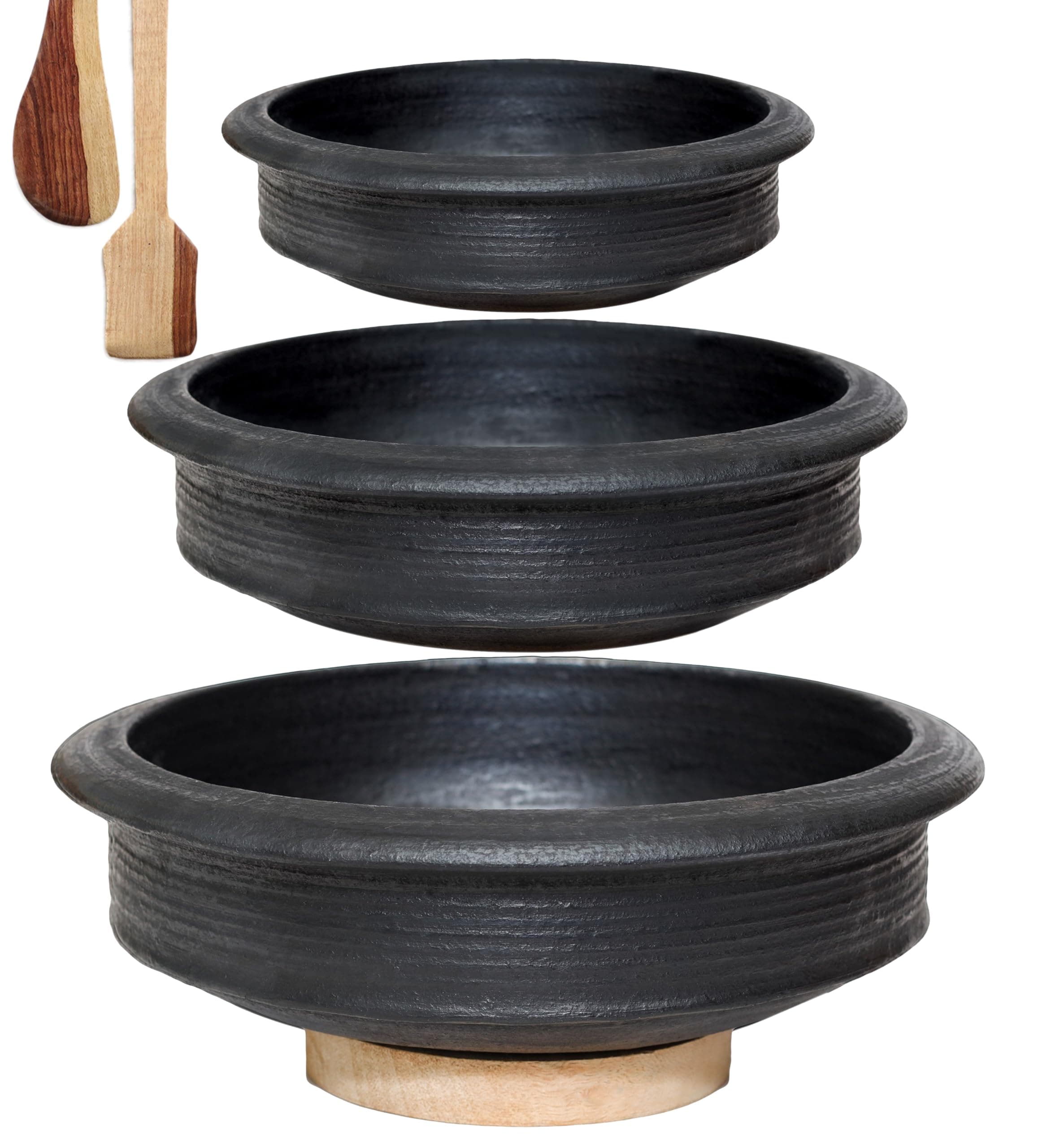 Unglazed Clay Pot for Cooking Combo 1, 2 & 3 Liter | Earthen Handi | Mud Kadai | Mittti Ke Barthan | Balck Pottery | Pre-Seasoned | Gas Stove Friendly