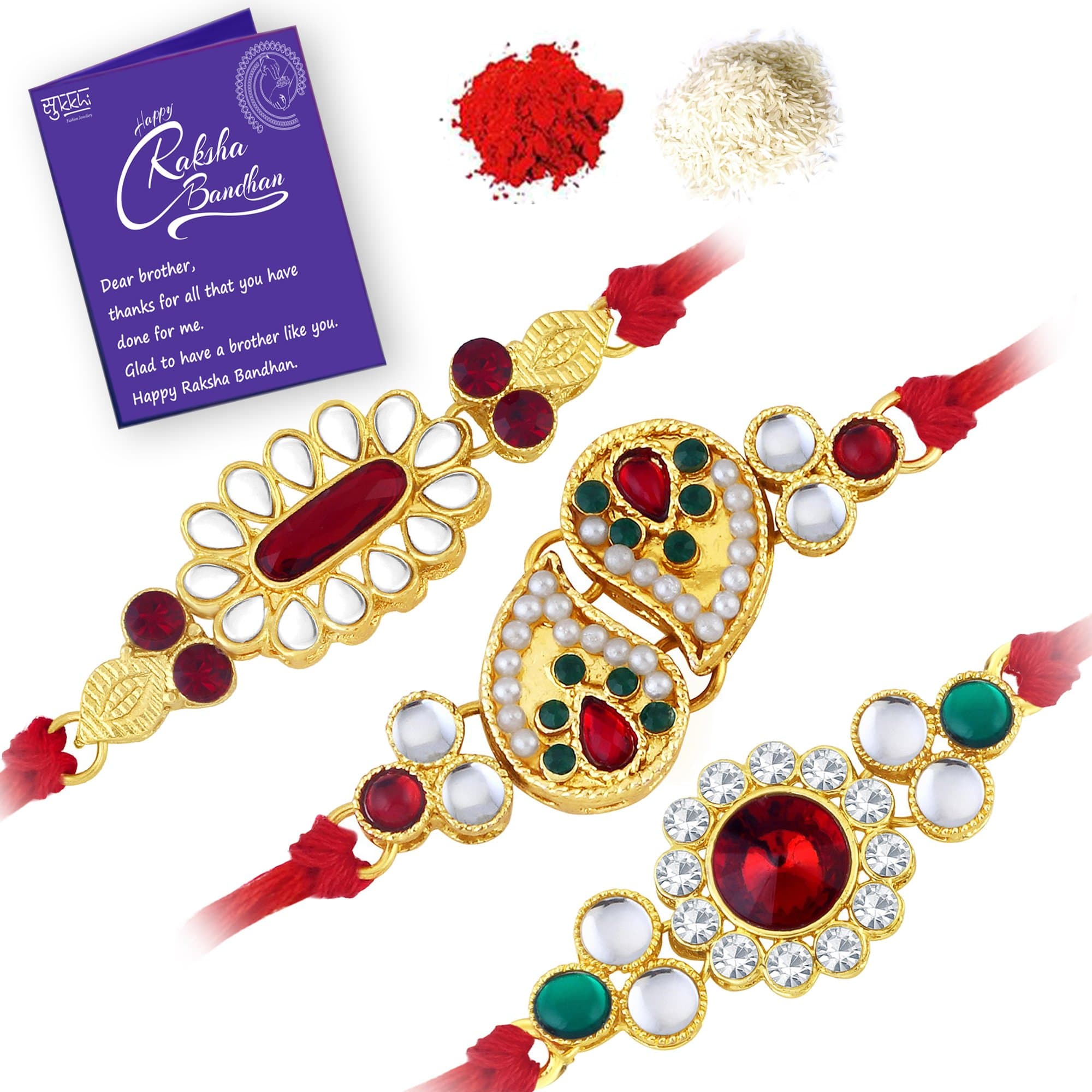 Sukkhi Rakhi for Brother Glorious Kundan Combo & Designer Gold Plated with Roli Chawal & Greeting Card|Set of 3|CB73452