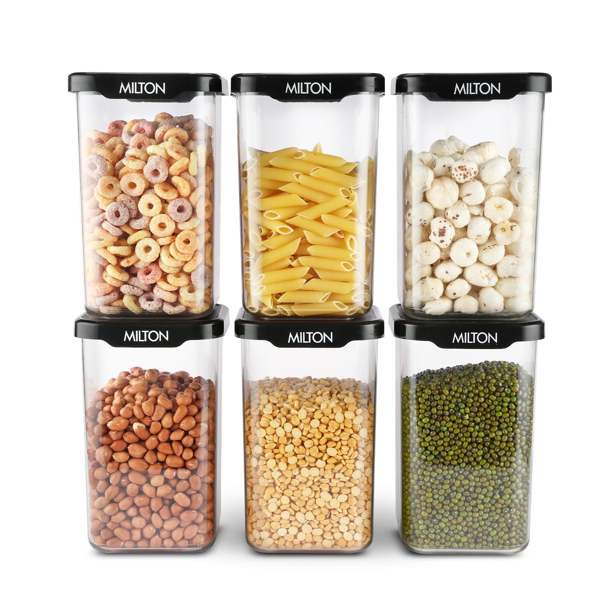 MILTON Square Premium Containers for Kitchen Storage Set of 6 (1100 ml each) Food Grade, BPA Free I Stackable, Transparent I Durable, Multi-purpose, Space Saving, Black