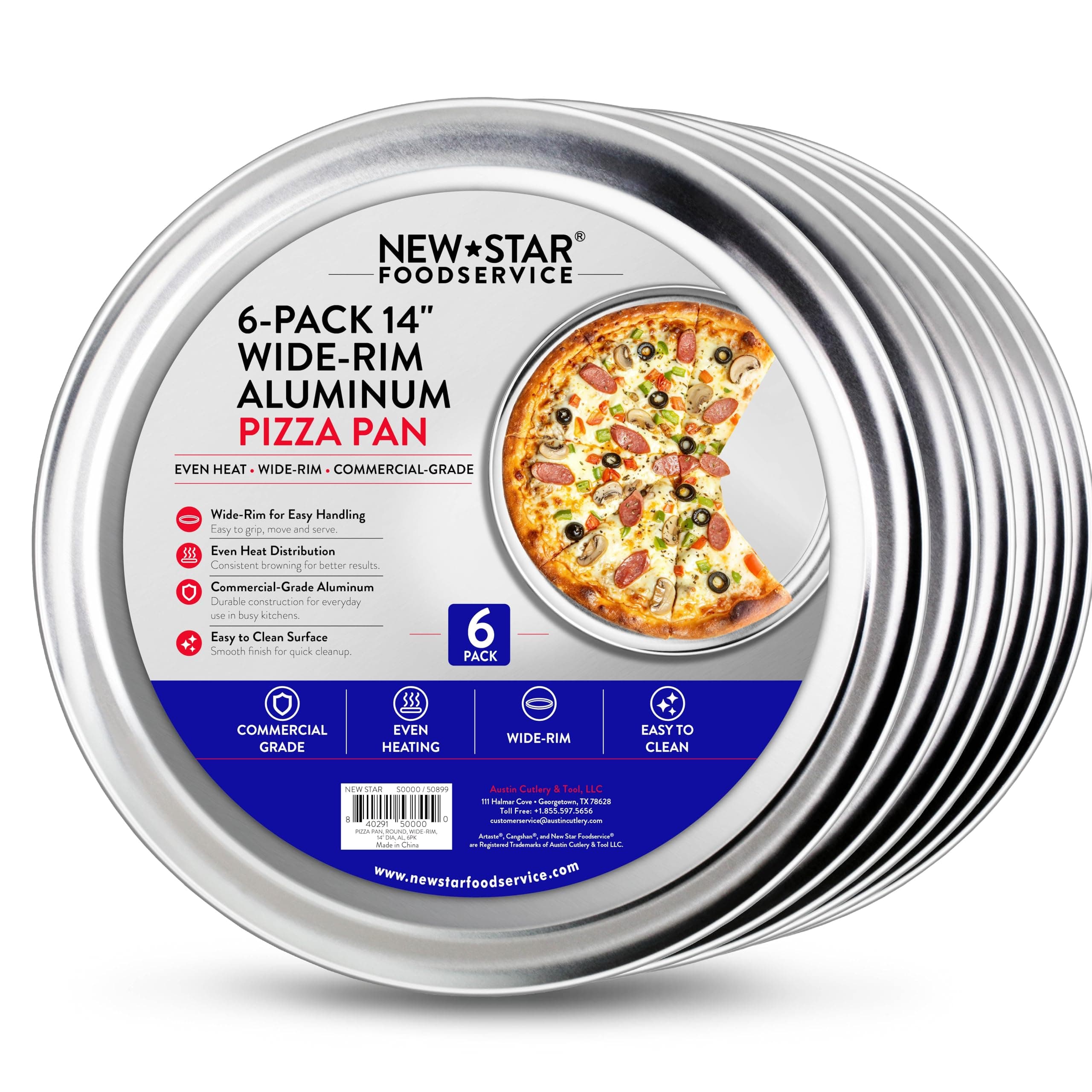 New Star Foodservice Restaurant-Grade Aluminum Pizza Pan/Tray with Wide Rim, 14 Inch, Pack of 6