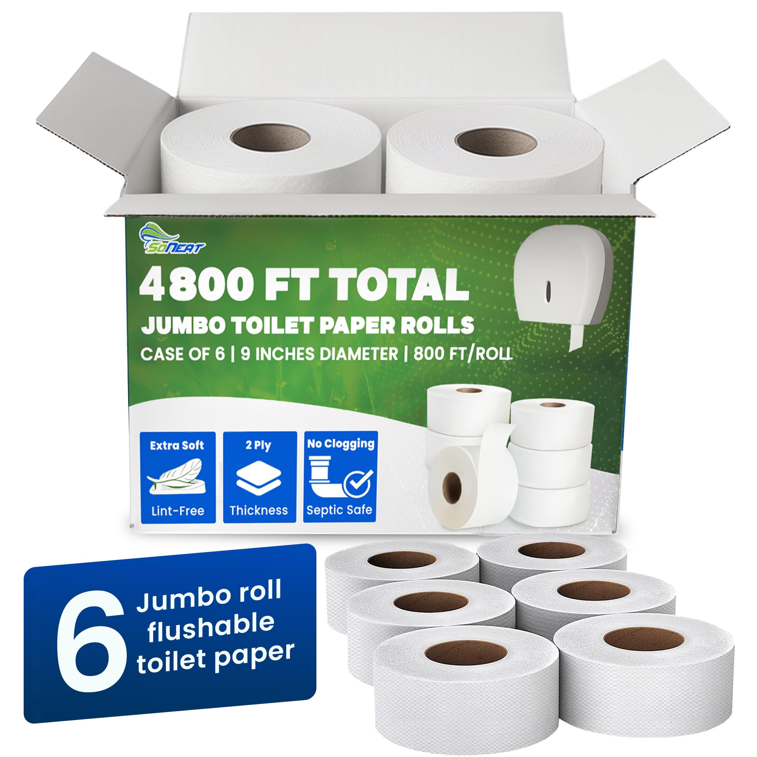 SoNeat 2-Ply Jumbo Toilet Paper Rolls - 9” Commercial Bathroom Tissue Paper - Compatible with Standard Jumbo Toilet Dispenser - Septic Safe - FSC & ISO Certified, 1000 Ft. Long