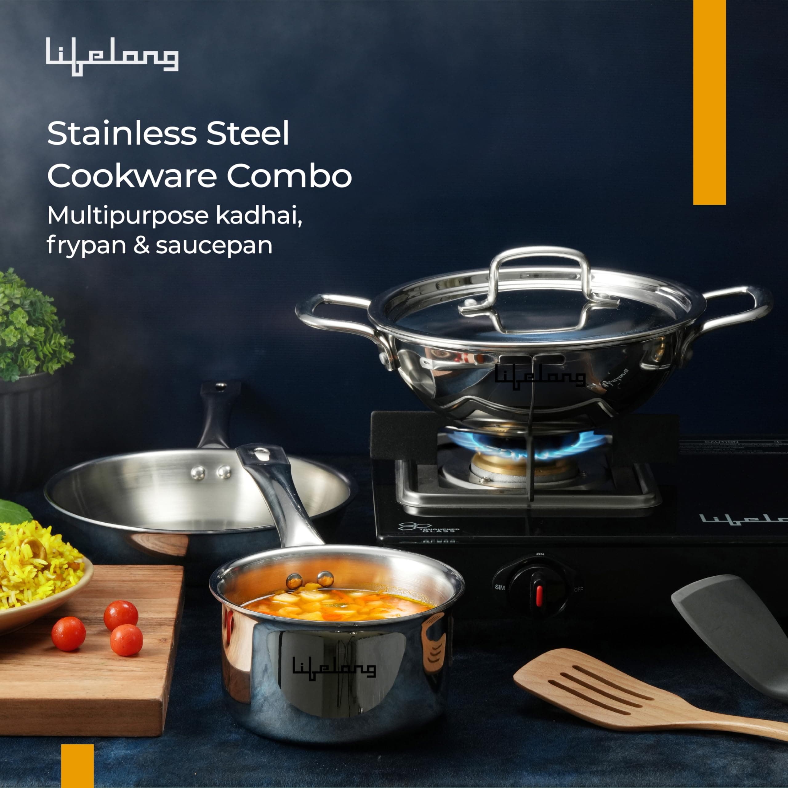 Lifelong Triply Kadai, Frypan & Saucepan for Cooking | Stainless Steel 24 cm Kadai & Fry Pan 22 cm with Lid | 16 cm Sauce Pan | Induction Bottom & Gas Stove Cookware (Silver, LLTPKFPSP01)