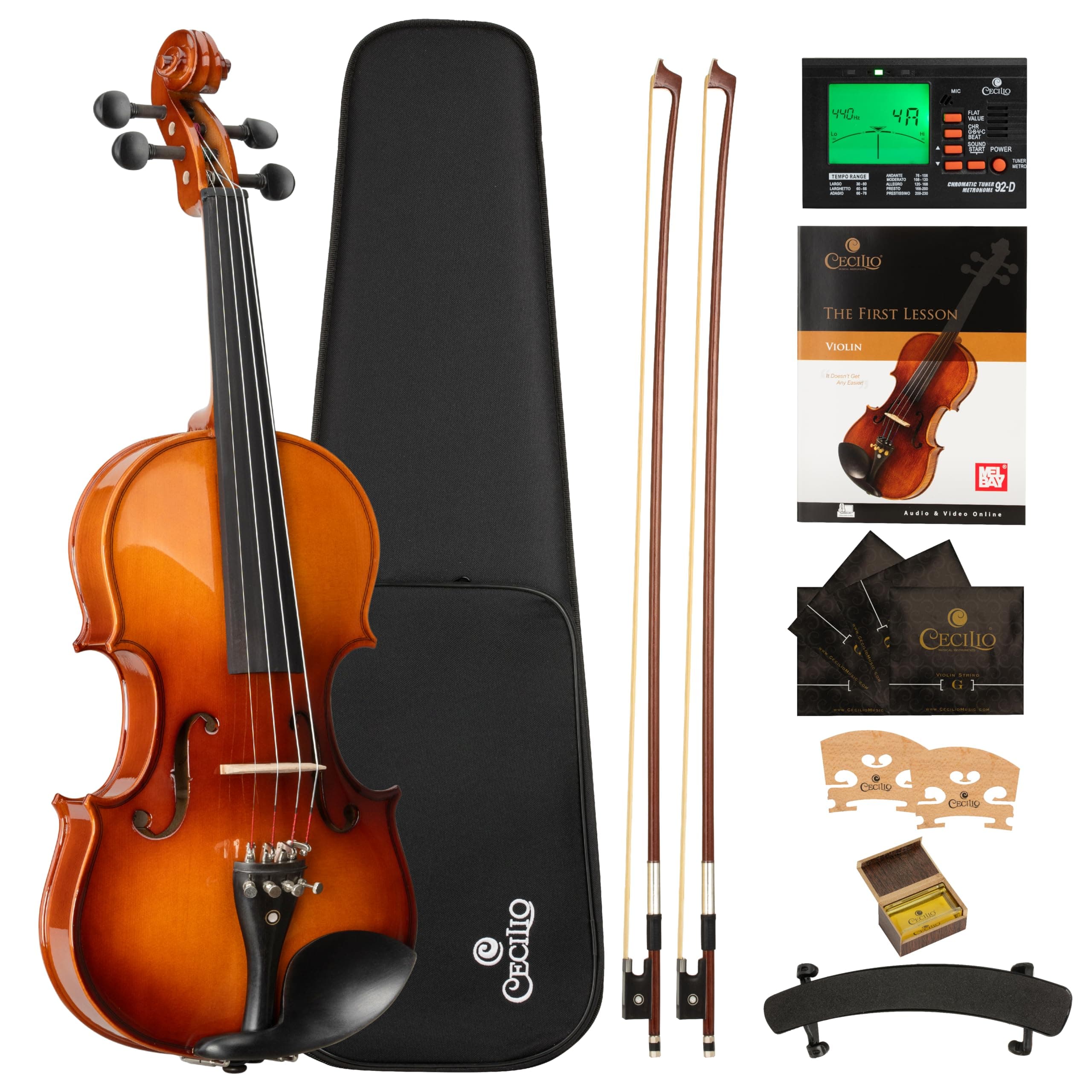 Cecilio CVN-320L Solidwood Ebony Fitted Left-Handed Violin with DAddario Prelude Strings, Size 4/4 (Full Size)