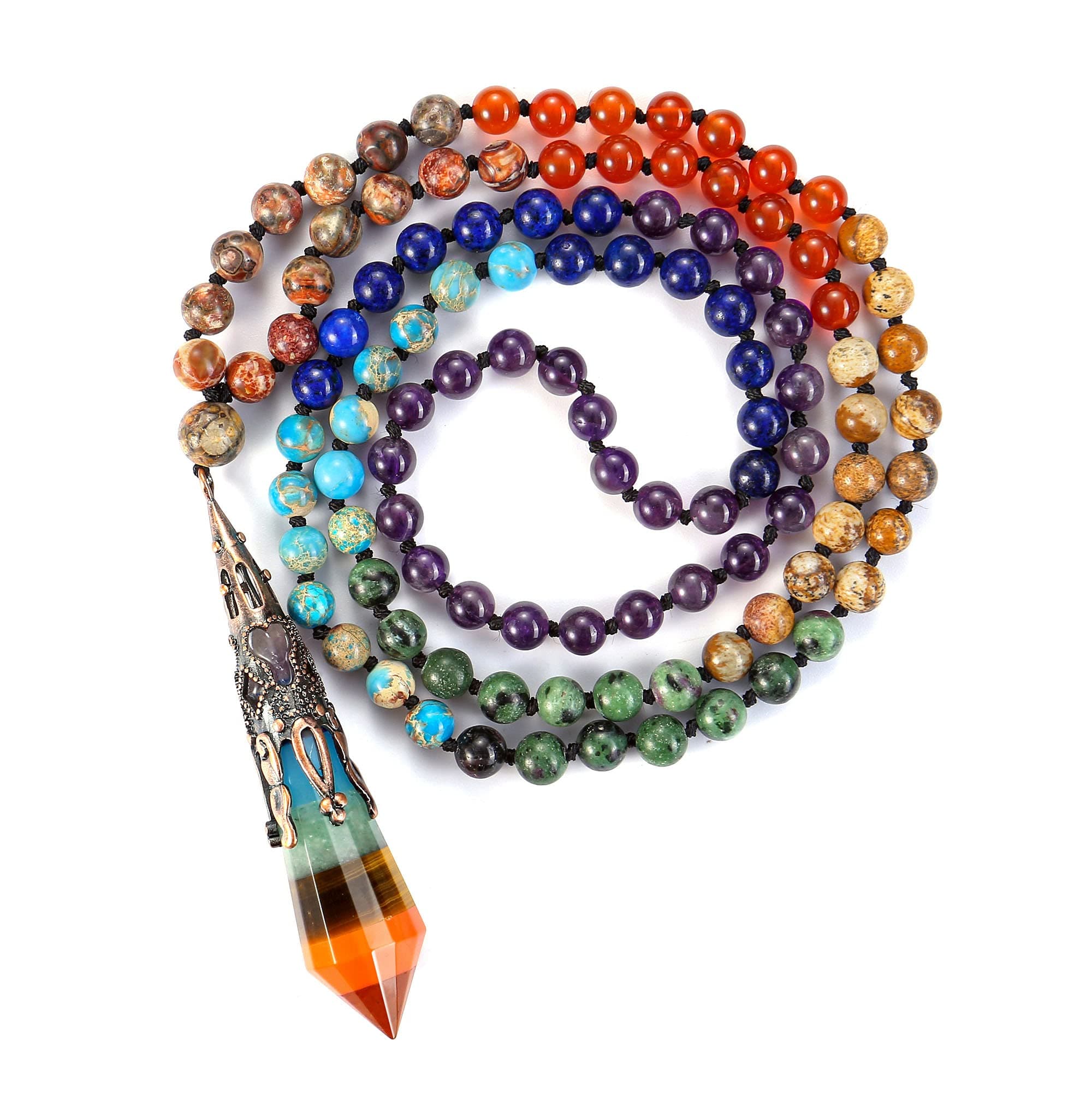 Jovivi 108 Mala Beads Bracelet Real Stones 7 Chakra Healing Crystals Necklace with 12 Facted Prism Pointed Pendant Reiki Energy Balancing Prayer Mala Beads for Meditation, Beads: 6mm, Pendant: 74mm x