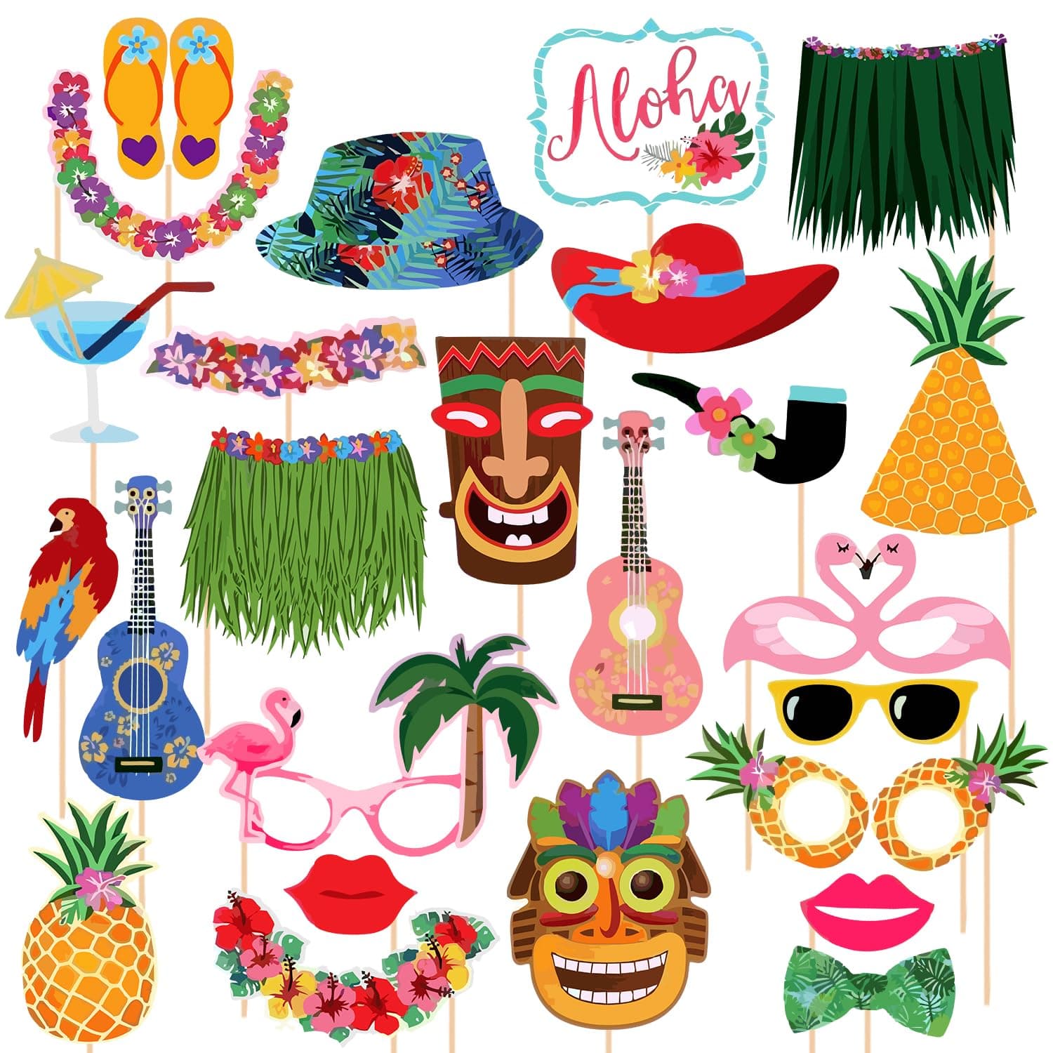 Zyozique Luau Party Photo Booth Props, Beach Pool Party Favors Props - Hawaiian Themed Selfie Props Kit (Pack of 25)