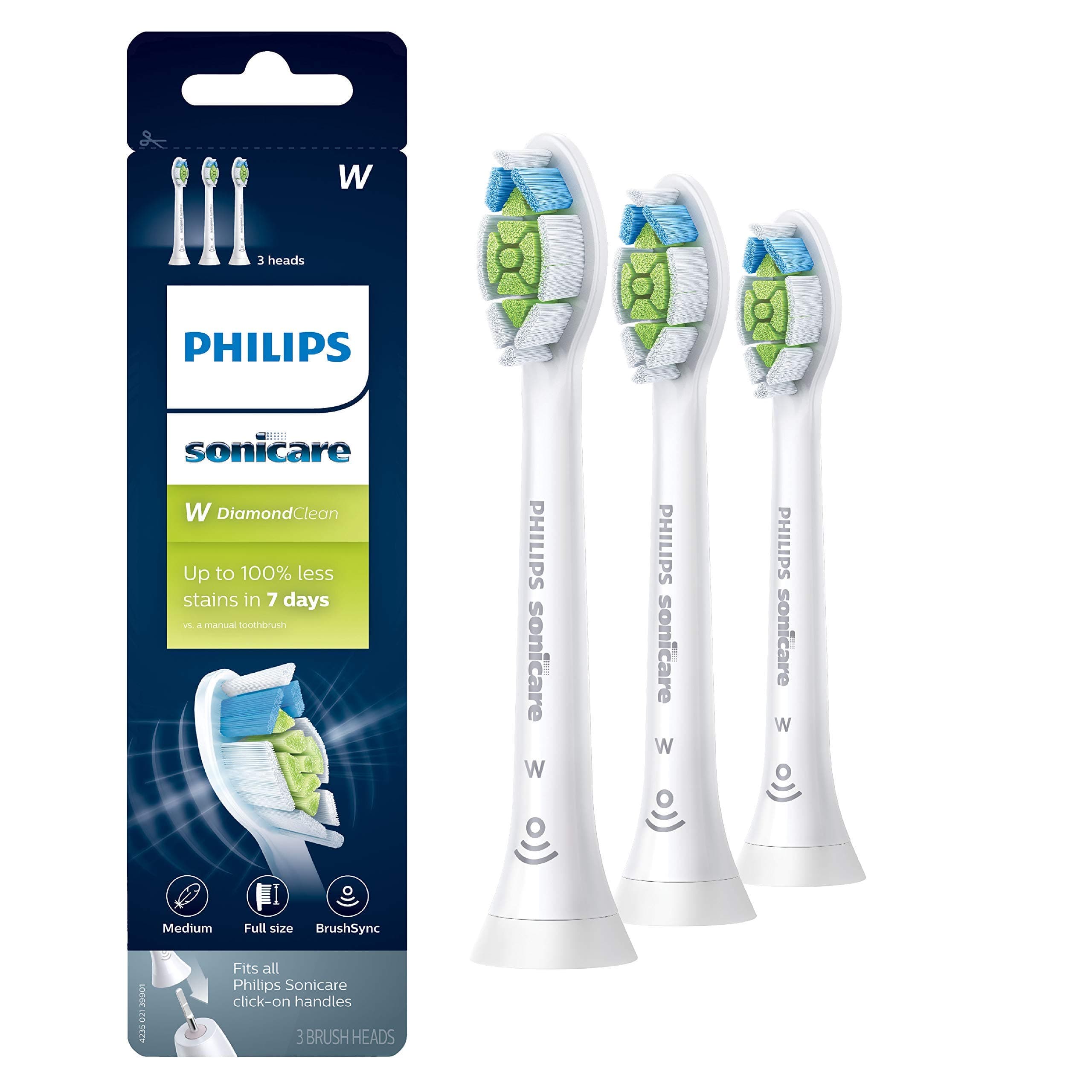 Philips Sonicare DiamondClean replacement toothbrush heads, HX6063/65, BrushSync technology, White 3-pk