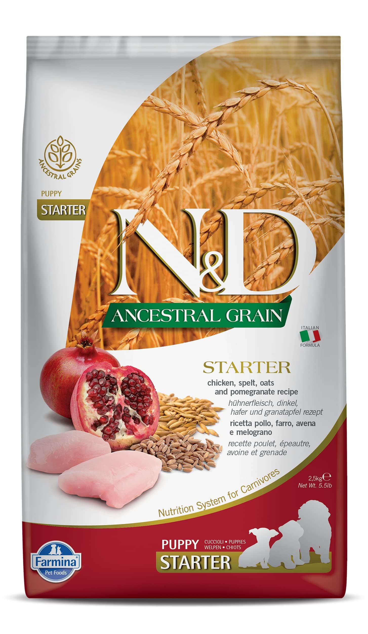 Farmina N&D Ancestral Grain Starter Puppy Dog Food | No Artificial Preservatives | Spelt, Oats, Chicken & Pomegranate | Complete Nutrition for Puppies Up to 2 Months | 2.5kg