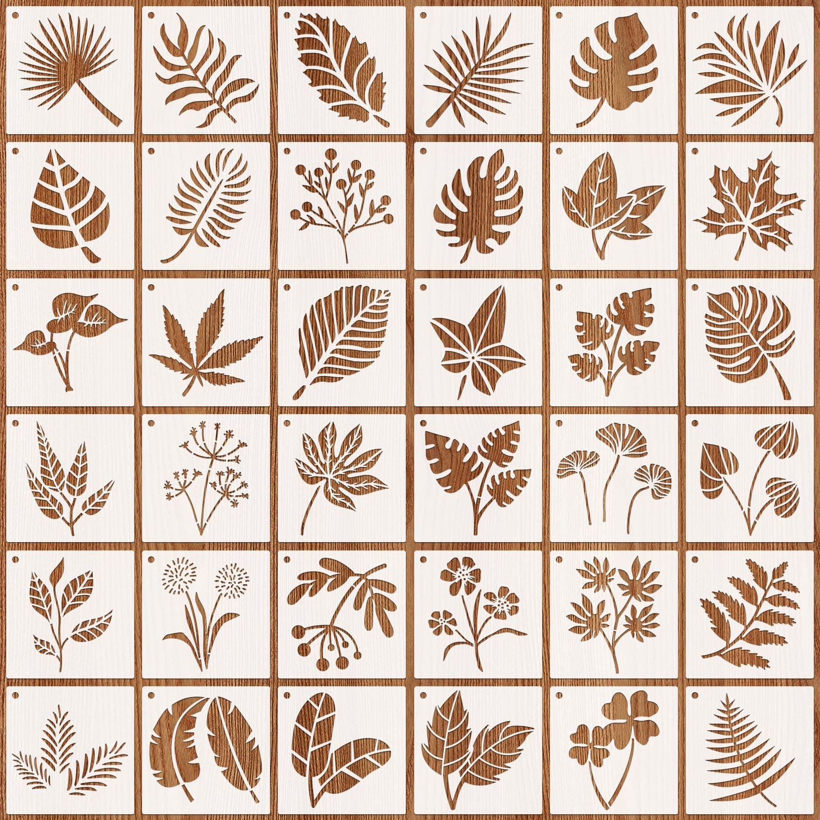 JSRQT 36Pcs Tropical Leaves Stencils for Painting,Flower Leaf Wall Stencil, Botanical Leaves Drawing Stencil Template for Furniture Canvas Wood Crafts 4 Inches