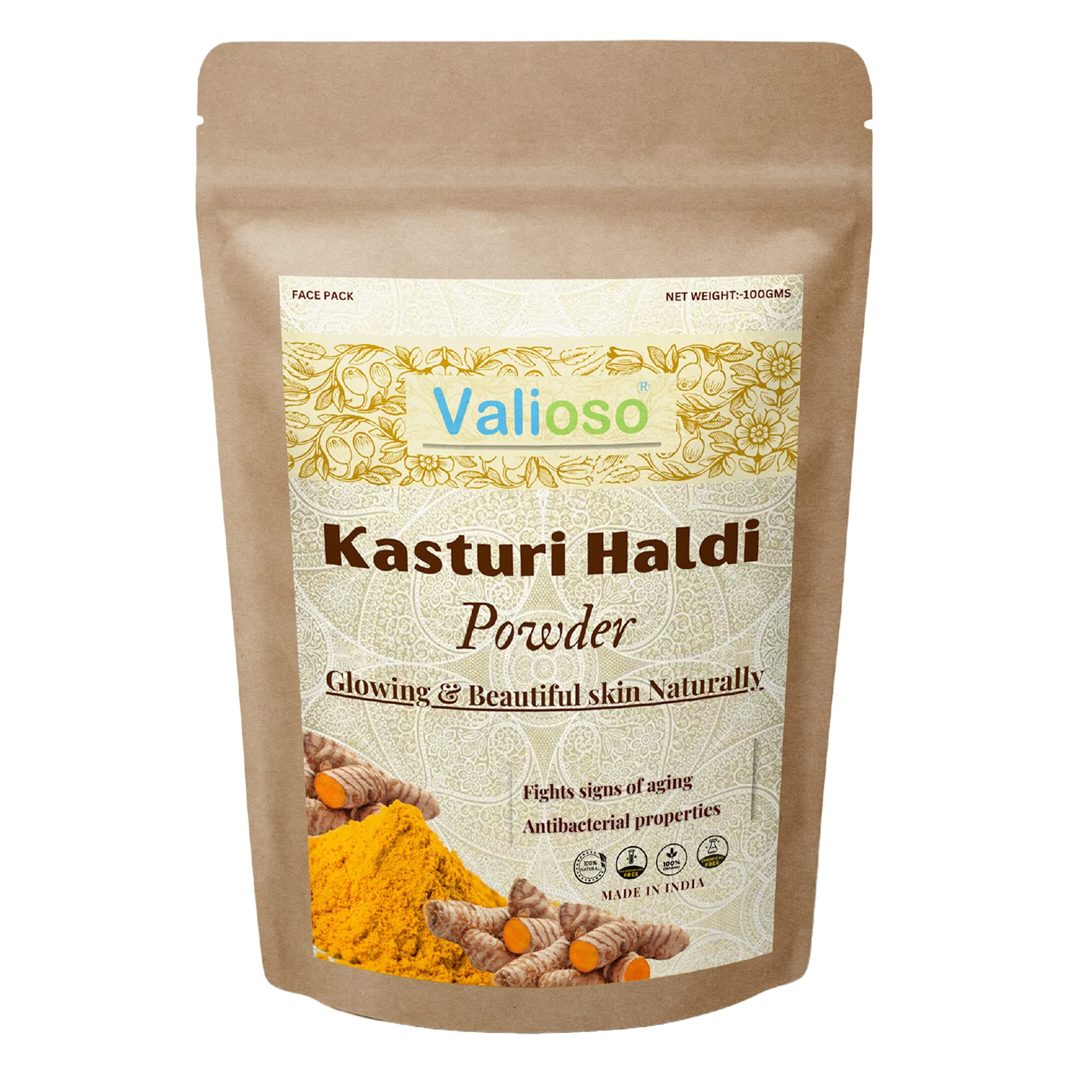 Valioso Pure Kasturi Haldi Powder For Face Beauty/Wild Turmeric Powder/Kasturi Manjal Powder/Jangli Haldi For Radiant and Glowing Face, Skin (100 Grams)