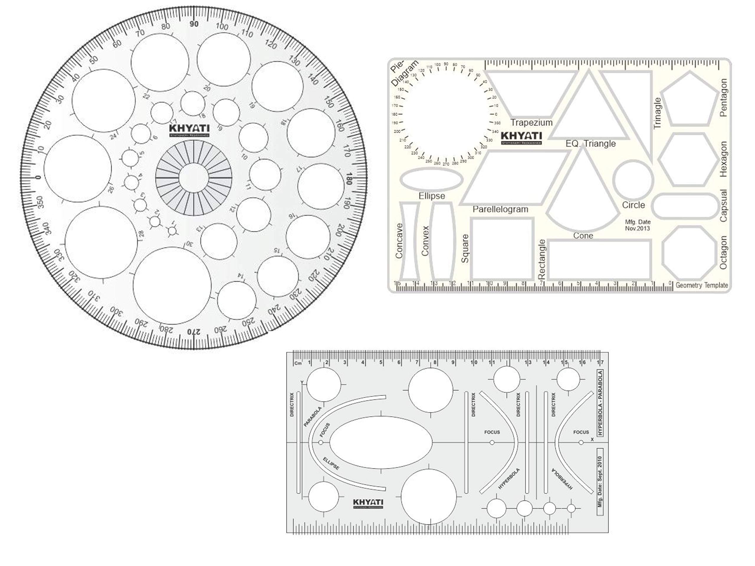 KHYATI Plastic Pro Circle with 25 Circles, Hyperbola- Parabola Template, Geometry Template, Drafting Scale Ruler Very Useful to Architect, Engineering Students, Office Employee (Set of 3)
