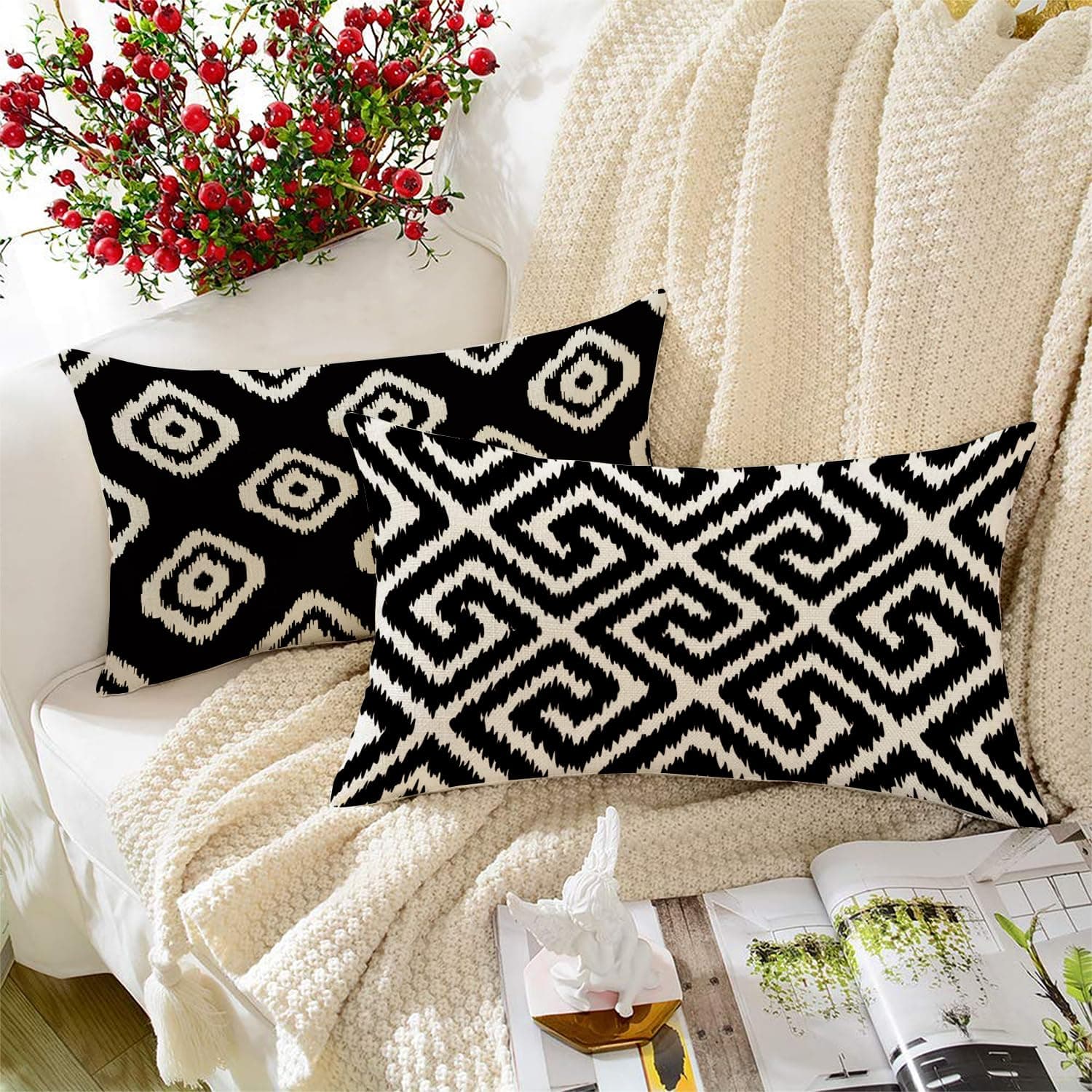 STITCHNEST Set of 2 Polycotton Cushion Covers – 12x18 Inches – Black & White Ikat Geometric Print – Elegant Cushion Covers for Sofa & Living Room Decor