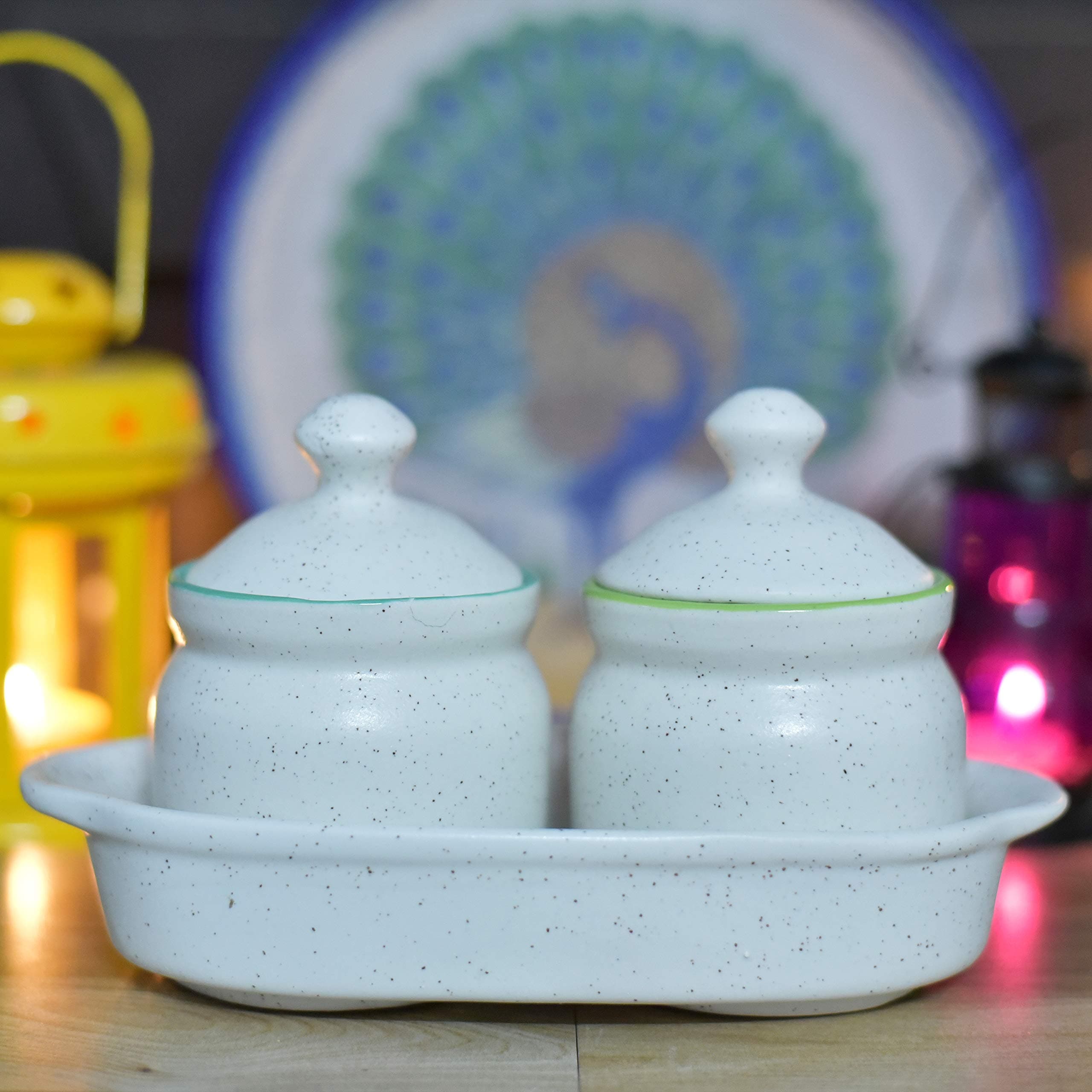 SHRIYAM CRAFTMultipurpose Ceramic Barni Set for Chutney Pickle Spice Coffee Dinning Table Storage Container with Lid and 1 Holding Tray, 200 ml [white] - Set of 2