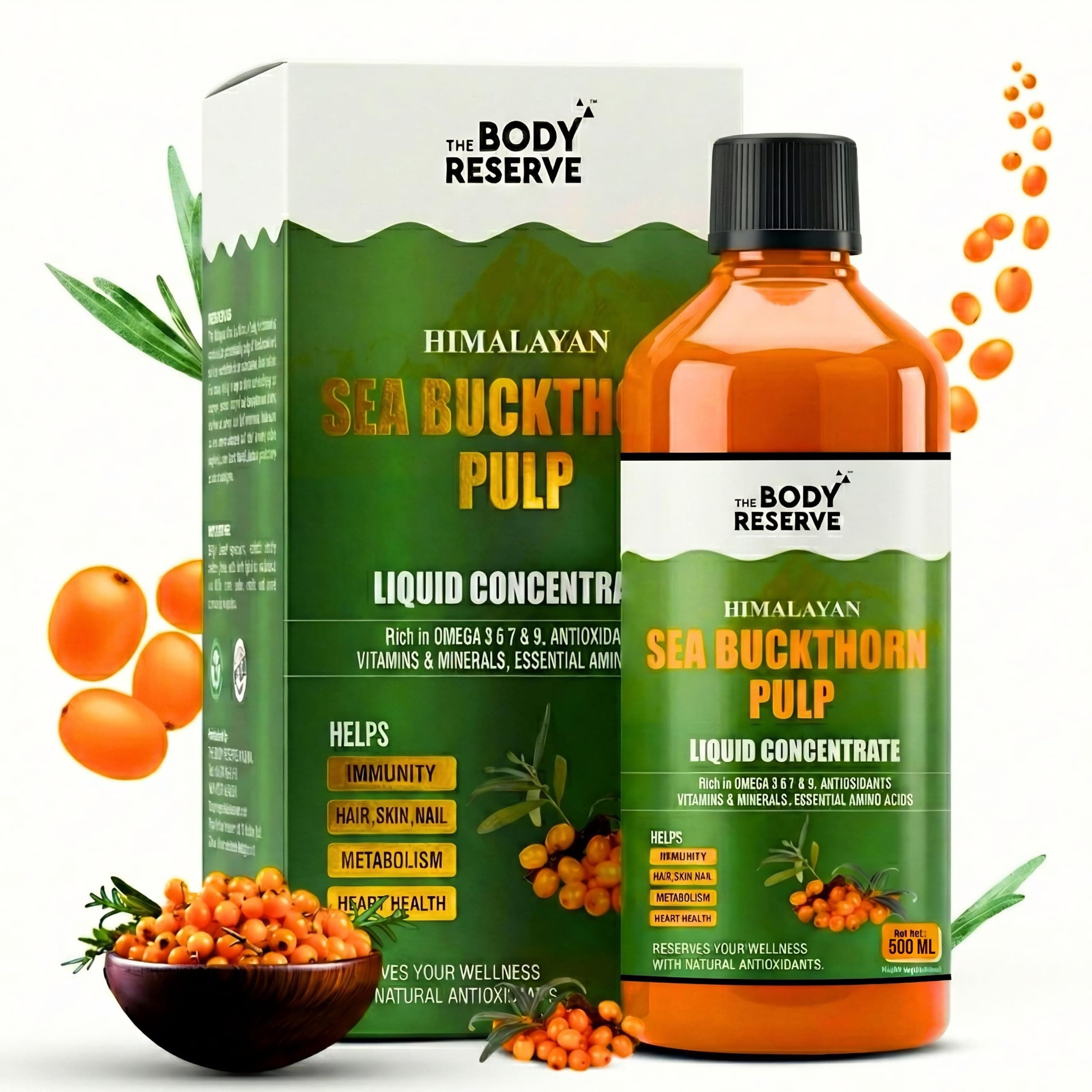 The Body Reserve Himalayan Sea Buckthorn Juice 500ml | Cold Pressed Seabuckthorn Berry Pulp Concentrate | Natural Vitamin C | Omega 3-6-7-9 | Antioxidant-Rich Gut Health Juice for Skin Glow, Heart & Immunity Support