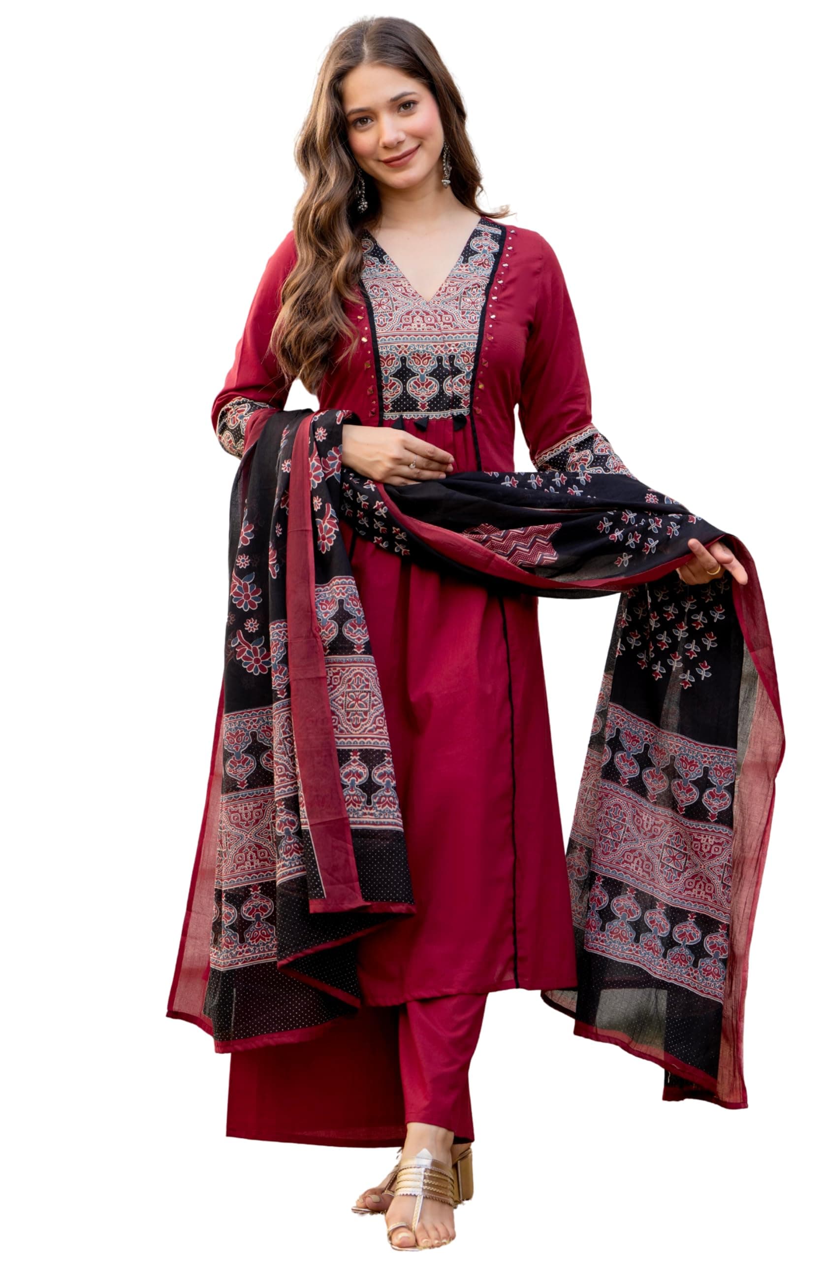 Amayra Women's Pure Cotton A-Line Kurta Set with Palazzo Pants & Dupatta|Ethnic wear|Kurti Suit Set for Women(TCK728,Maroon,4XL)