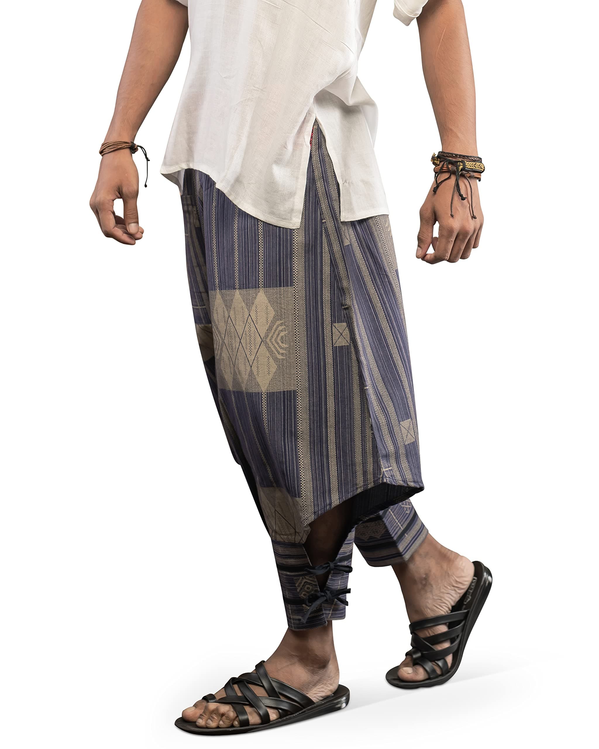 The Veshti Company Cotton Baggy Mid Rise Pants Drop Crotch Harems for Men's Loose Boho Oversized Striped Meditation Yoga Pant with Pocket, Blue - Winged Bolt, X-Large