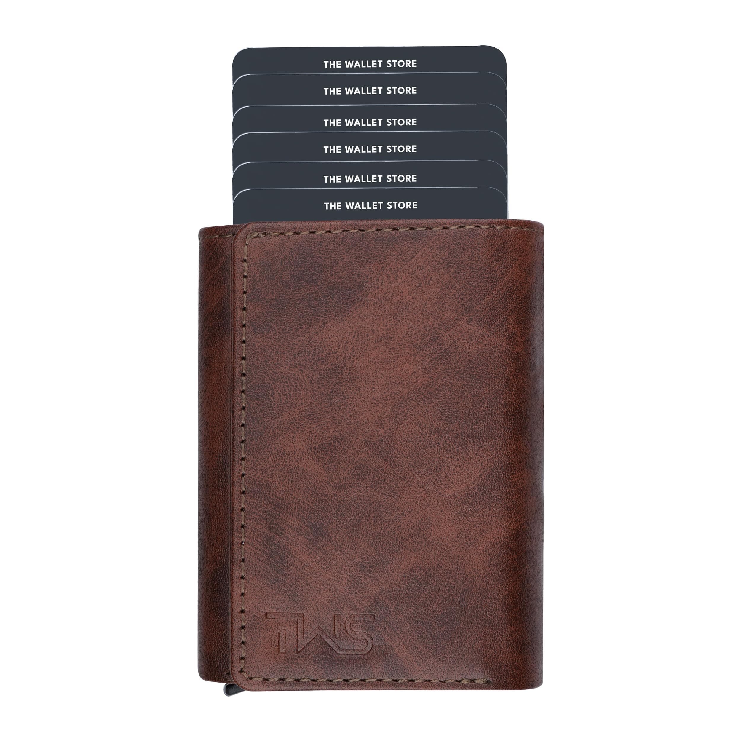 The Wallet Store Maverick RFID Protected Minimalist Wallet, Pop-Up Cardholder, Scan-Proof Aluminium Case, Holds 8 Credit/Debit Cards, Slim Men’s Wallet (Brown-D)